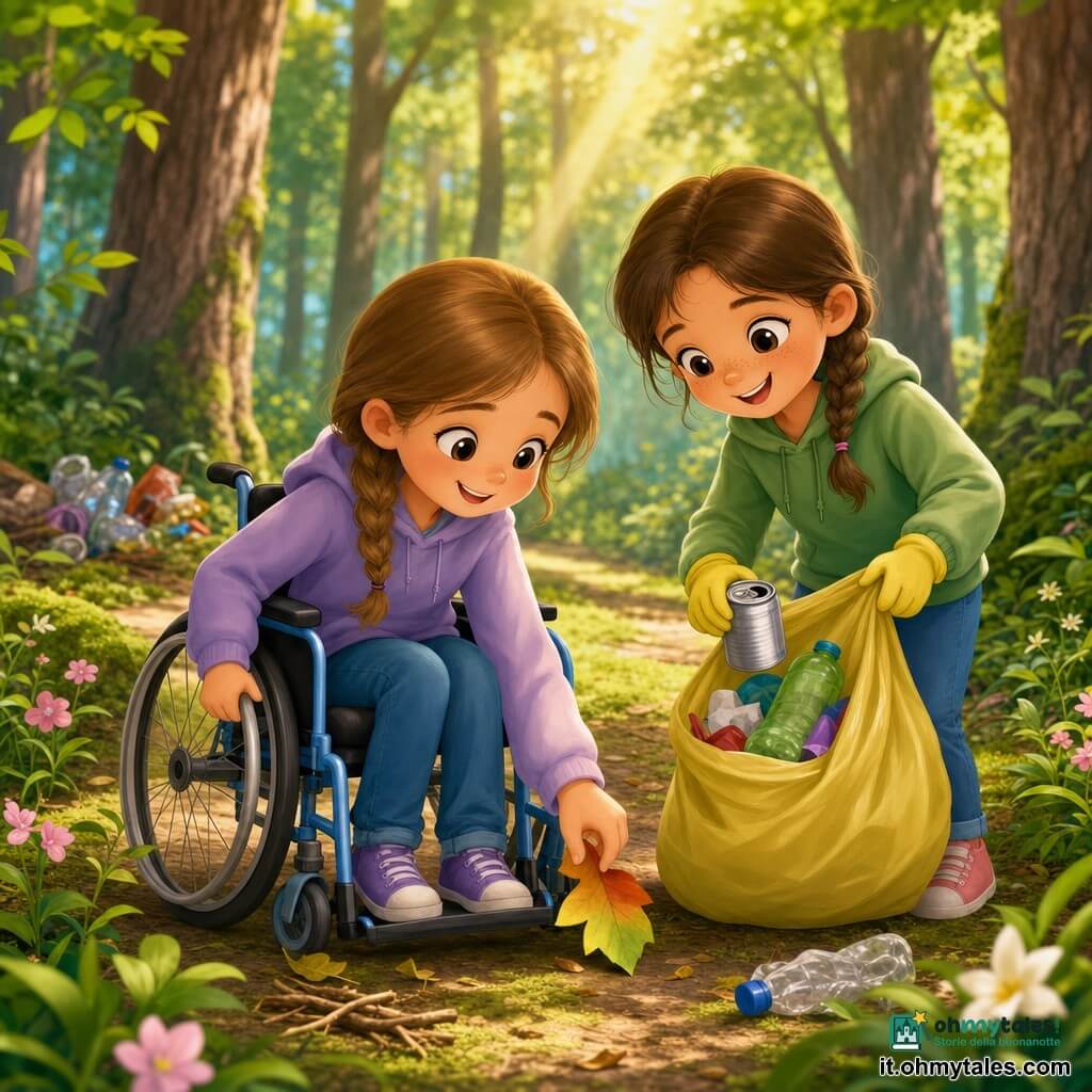Ci sono due bambine: Sofia, 8 anni, capelli castano chiaro a ciocche, occhi rotondi e sorridenti, seduta su una sedia a rotelle azzurro chiaro al centro-sinistra mentre spinge la ruota con una mano e con l'altra raccoglie una foglia colorata; Chiara, 7 anni, capelli castani a treccia, viso gioioso con lentiggini, in piedi a destra di Sofia, tiene un sacco della spazzatura giallo semiaperto e raccoglie una lattina argentata; sono vicine e complici. Ambientazione: un sentiero di bosco luminoso con tappeto di foglie verdi e muschio, tronchi d'albero marroni, raggi di sole che filtrano tra i rami, qualche fiore selvatico ai bordi e un piccolo cumulo di rifiuti colorati sullo sfondo sinistro. Situazione: le due amiche puliscono il bosco con gesti dolci e decisi, il sacco si riempie di rifiuti, aria calda e orgogliosa, atmosfera pulita e ottimista che mostra un gesto ecologico semplice e gioioso.