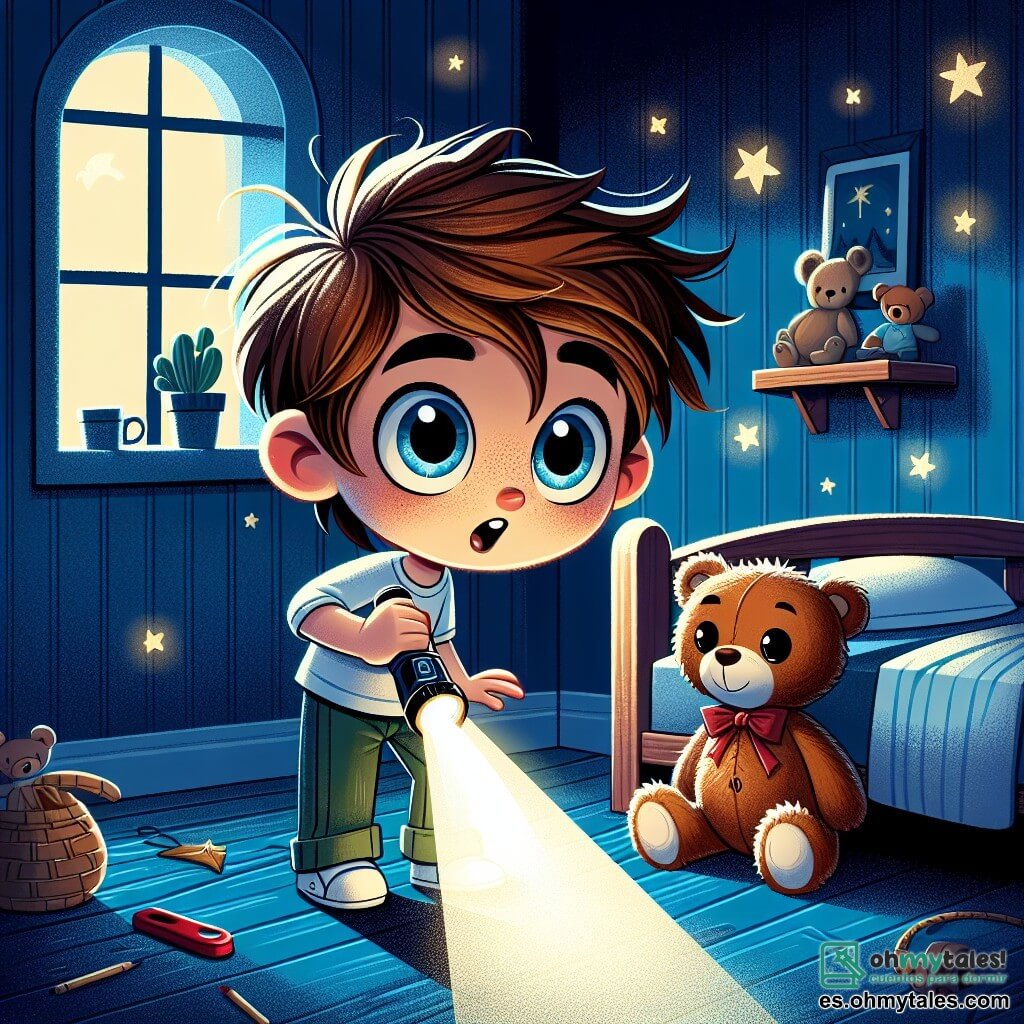 Un niño de 7 años, Lucas, está en el centro de la imagen, con el cabello castaño despeinado y grandes ojos azules, mostrando curiosidad y determinación. Sostiene una pequeña linterna que ilumina suavemente su habitación, revelando una sonrisa valiente en su rostro. A su lado está su oso de peluche, Teddy, con pelaje marrón y un pequeño lazo rojo en el cuello, sentado en la cama, como si estuviera listo para una aventura. La habitación está decorada con paredes pintadas de azul noche, adornadas con estrellas doradas brillantes, con una cama de madera y juguetes esparcidos por el suelo. Una ventana deja entrever la luz de la luna, añadiendo un ambiente mágico a la escena. Lucas explora la habitación en la oscuridad, usando su linterna para iluminar los rincones oscuros, mientras imagina historias divertidas para superar su miedo a la oscuridad.