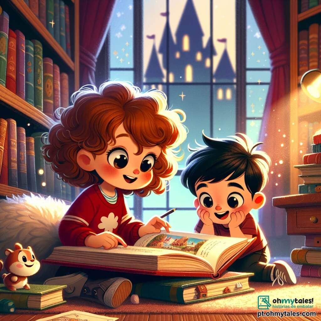 Uma menina de 4 anos, Clara, com grandes olhos brilhantes e cabelos castanhos cacheados, está sentada no chão de uma biblioteca, com um livro antigo aberto em seu colo. Ela tem um sorriso encantado e bochechas rosadas, demonstrando sua empolgação. Ao lado dela, seu amigo Pedro, também de 4 anos, tem cabelos negros e usa uma camiseta vermelha. Ele está inclinado para frente, com os olhos arregalados, apontando para uma imagem no livro, compartilhando a aventura com Clara. A cena ocorre em uma biblioteca acolhedora, com prateleiras de madeira cheias de livros coloridos. A luz suave entra por grandes janelas, iluminando as páginas do livro e criando uma atmosfera mágica. Almofadas macias estão espalhadas pelo chão, convidando à leitura e exploração. Clara e Pedro descobrem juntos um misterioso livro antigo, fascinados pelas ilustrações de castelos e mapas, prontos para seguir o caminho da aventura que os espera.