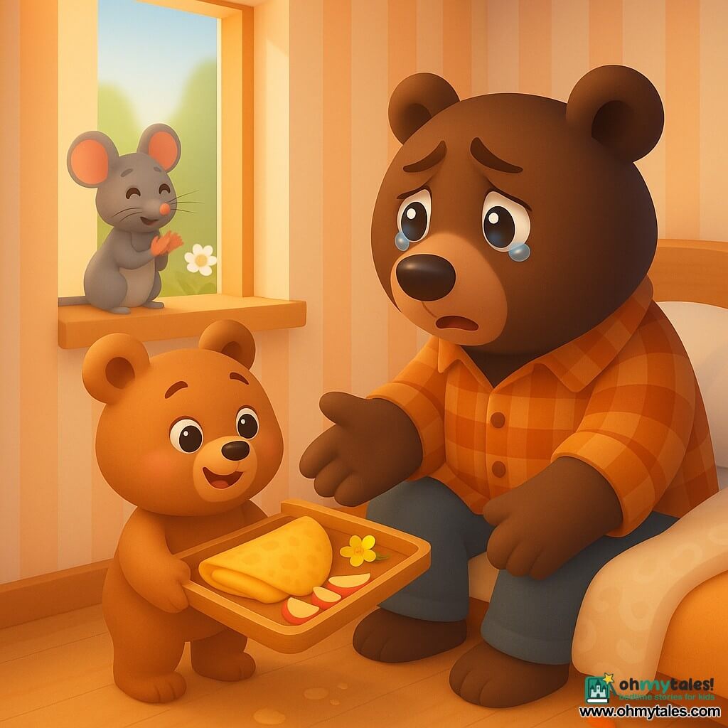 A small fluffy brown bear cub (Benny) smiling and proud, bright round eyes and rosy cheeks, holding a wooden tray with a slightly tilted golden pancake, apple slices and a small yellow flower on top, standing by a bed and looking at the adult; a large papa bear with darker brown fur, tearful joyful expression, seated on the bed edge in a plaid shirt reaching for the tray; a small gray mouse (Molly) with bright eyes and fine whiskers perched on the windowsill, smiling and softly applauding; the warm, sunlit bedroom has pastel striped wallpaper, soft cushions, a patterned wool blanket and an open window showing a sunny garden with a daisy; a few batter drops and a carrot scrap on the floor hint at the preparation — tender, joyful Father's Day scene with soft colors and a central focus on the exchange of the tray.
