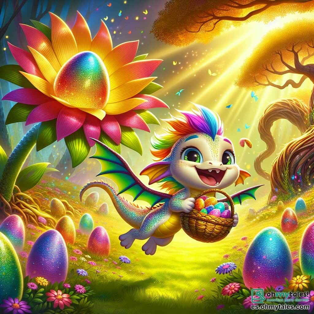 La imagen muestra a Lúmino, un pequeño dragón de escamas brillantes y coloridas, flotando alegremente en el aire con una gran sonrisa en su rostro. Sus ojos brillan de emoción mientras sostiene una bonita cesta de hojas de palma llena de huevos de Pascua coloridos. A su lado, la Flor Arcoíris, una flor gigante con pétalos multicolores, se inclina hacia Lúmino con una expresión alentadora, sus pétalos vibrando en el viento. El escenario es un jardín mágico, bañado en luz dorada, con árboles de troncos retorcidos y flores danzantes que se extienden hasta donde alcanza la vista. Los huevos de Pascua brillantes están ocultos entre los arbustos floridos, mientras que un arcoíris radiante se extiende sobre el paisaje. La escena representa a Lúmino volando hacia el cielo, listo para explorar el jardín en busca de los huevos de Pascua, mientras la Flor Arcoíris lo anima con entusiasmo, creando una atmósfera de magia y aventura.