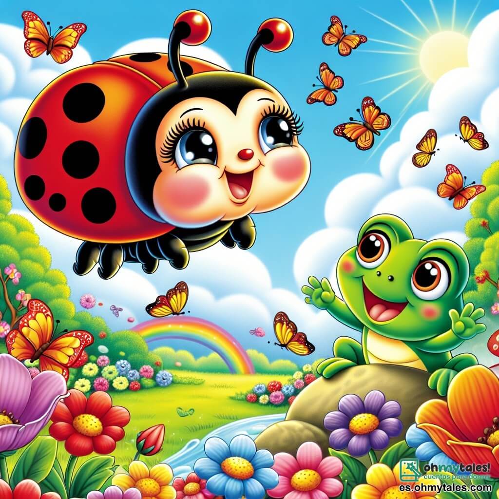 Una alegre mariquita llamada Lila, con un caparazón rojo brillante salpicado de pequeños puntos negros, vuela con entusiasmo sobre un jardín colorido, sus ojos brillantes de curiosidad y una gran sonrisa en su rostro. Junto a ella, un sapo amistoso llamado Tito, con piel verde y ojos redondos, salta alegremente sobre una piedra, mirando a Lila con admiración. El jardín está lleno de flores brillantes de colores vivos, mariposas que danzan alrededor, y un suave sol brilla en un cielo azul claro. La escena principal muestra a Lila y Tito descubriendo juntos un camino luminoso que los lleva hacia un misterioso arcoíris al fondo del jardín, simbolizando su aventura mágica y su amistad.