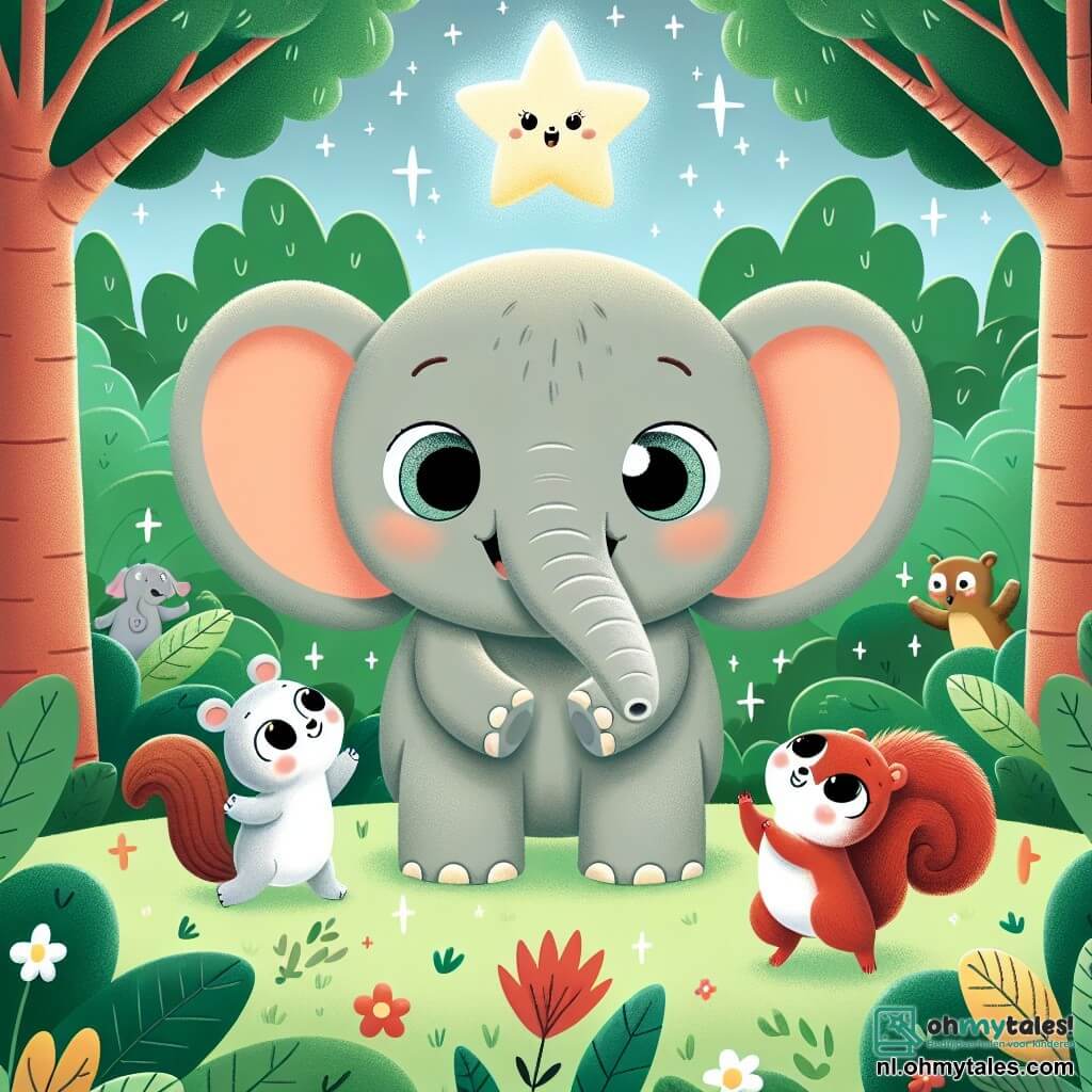 Een grote olifant genaamd Ellie, met een zachte grijze huid en grote oren, staat vrolijk in het midden van de jungle met een brede glimlach op haar gezicht. Haar ogen stralen van opwinding terwijl ze naar een fonkelende ster kijkt die net uit de lucht is gevallen. Naast haar springt een klein eekhoorntje met een rossige vacht, genaamd Twinkle, van blijdschap. Hij heeft grote sprankelende ogen en een kleine pluizige staart, en lijkt dolgelukkig te zijn. De scène speelt zich af in een weelderige jungle, vol groene bomen met glanzende bladeren, kleurrijke bloemen en nieuwsgierige dieren die hen omringen, wat een magische en blije sfeer creëert. Ellie en Twinkle vieren samen de val van de ster, omringd door hun dierenvrienden, allemaal klaar om een wens te doen en samen te spelen in vreugde en vriendschap.