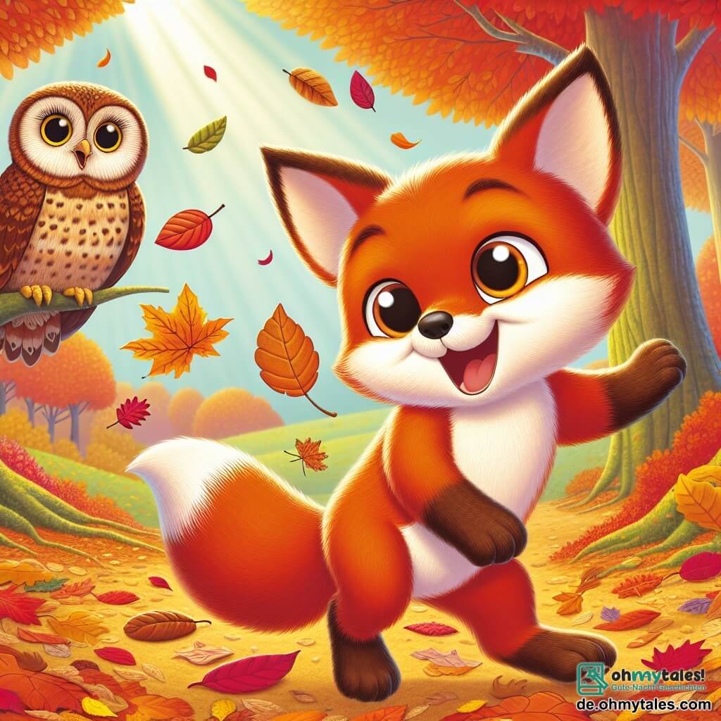 Ein kleiner roter Fuchs namens Felix mit glänzendem Fell und strahlenden Augen springt vor Freude auf einem Teppich aus bunten Herbstblättern. Er lächelt breit, seine kleinen spitzen Ohren aufgerichtet, während er ein großes orangefarbenes Blatt in seiner Pfote hält. Neben ihm sitzt eine weise Eule namens Ella mit braunen Federn und großen runden Augen, die mit einem wohlwollenden Lächeln beobachtet. Sie sitzt auf einem Baumast, umgeben von goldenen Blättern, und scheint erfreut, diesen Moment mit Felix zu teilen. Die Szene spielt in einem verzauberten Wald, wo majestätische Bäume in warmen Farben erstrahlen: leuchtendes Orange, tiefes Rot und strahlendes Gelb. Der Boden ist mit knusprigen Blättern bedeckt, und Sonnenstrahlen filtern durch die Äste und schaffen eine magische Atmosphäre. Die Szene zeigt Felix und Ella, die eine große Herbstfeier vorbereiten, umgeben von gefallenen Blättern und Spaß daran haben, bunte Elemente für ihre Ausstellung zu sammeln.