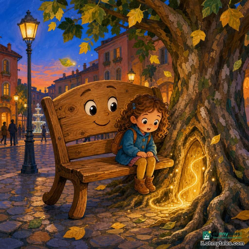 Una panchina di legno antropomorfa come protagonista, occhi luminosi nel schienale, espressione dolce e postura leggermente inclinata, seduta sul marciapiede con una gamba alzata e venature del legno visibili; una bambina di sei anni, capelli ricci castano chiaro, viso rotondo e stupito, con un piccolo cappotto blu e zainetto, seduta sulla panchina con le mani sulle ginocchia a guardare una luce dorata che esce dal suolo vicino alle radici; un platano antico dal tronco spesso e nodoso con radici apparenti che formano un'apertura da cui fuoriesce una luce dorata, alcune foglie verdi e gialle cadono, corteccia texturizzata; sullo sfondo una strada cittadina tranquilla al crepuscolo con marciapiede lastricato, edifici dai colori caldi, lampioni che si accendono e sagome sfocate di passanti; scena principale: la panchina e la bambina custodiscono una porta magica invisibile tra le radici del platano, la luce dorata danza attorno a loro in volute, atmosfera calda, colori ricchi e contrastati (marroni caldi, blu morbidi, dorati luminosi), linee semplici e forme arrotondate adatte ai bambini.