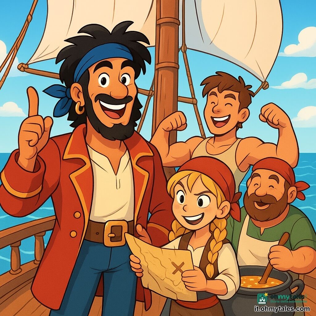 Un uomo pirata, Capitan Lupo, sta orgogliosamente sul ponte della sua nave, l'Orgoglio delle Onde. Ha capelli neri e arruffati, una bandana blu e un grande sorriso caldo che illumina il suo viso abbronzato. I suoi occhi brillano di determinazione e gioia mentre guarda il suo equipaggio. Accanto a lui, Sguardo Lesto, una ragazza di 12 anni, è veloce e astuta, con capelli biondi in trecce e uno sguardo malizioso. Tiene una mappa del tesoro, pronta a guidare l'equipaggio. Più lontano, Mano Forte, un ragazzo robusto di 14 anni, mostra orgogliosamente i suoi muscoli, ridendo con entusiasmo, mentre Barbablanda, un uomo di 40 anni dal cuore tenero, prepara una grande pentola di zuppa sul lato del ponte. La scena si svolge su una nave pirata in alto mare, con vele bianche che sventolano al vento, corde avvolte attorno ai pali e onde scintillanti sotto un cielo blu splendente. Capitan Lupo spiega al suo equipaggio come condivideranno il tesoro recentemente trovato, circondato da risate ed eccitazione, mentre il mare calmo riflette il sole radioso, creando un'atmosfera gioiosa e amichevole.