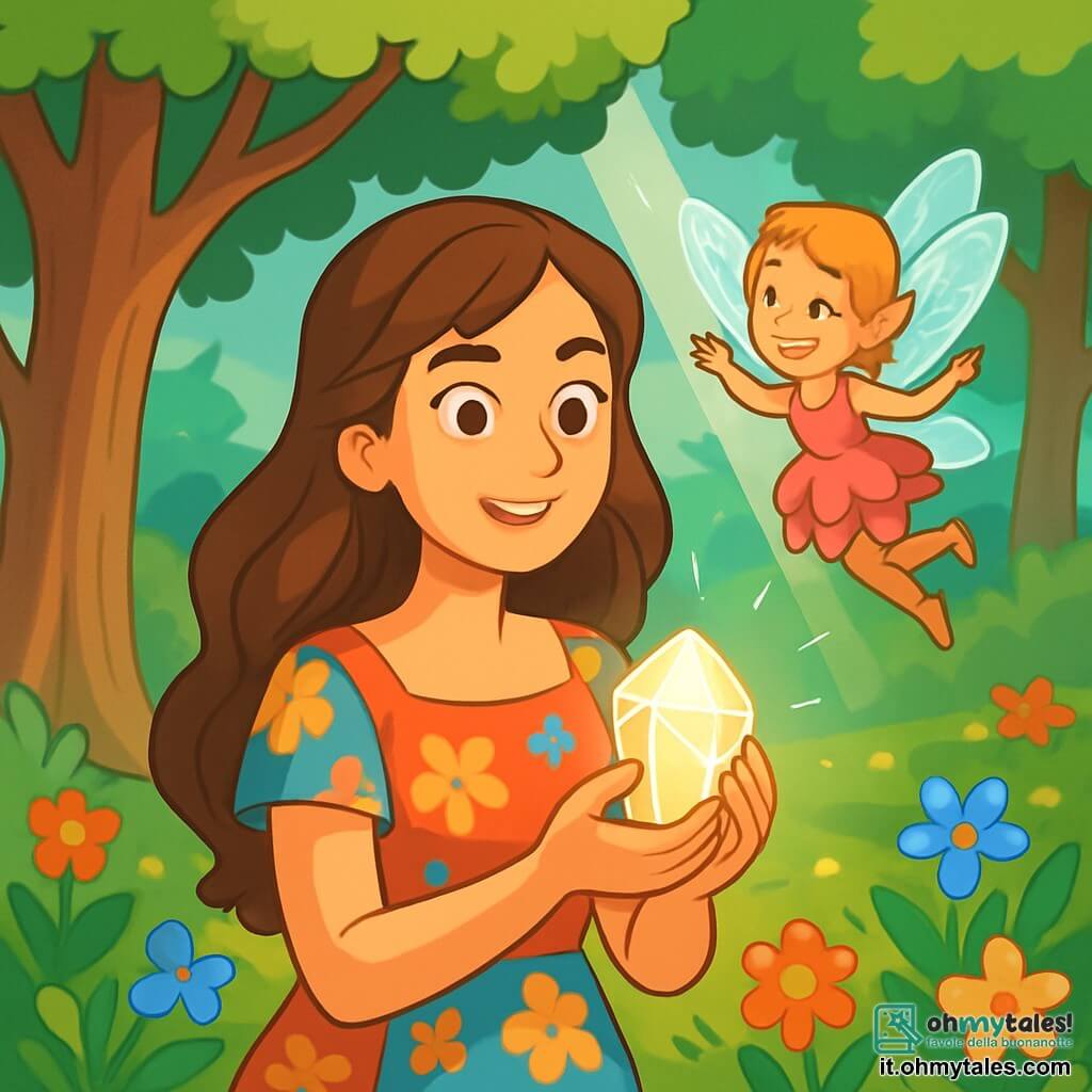 Una giovane donna di nome Isabella, di circa 20 anni, si trova al centro della scena. Ha lunghi capelli castani ondulati, occhi pieni di curiosità e un sorriso radioso di determinazione. Indossa un vestito leggero dai colori vivaci, decorato con fiori, e tiene in mano un cristallo scintillante che illumina il suo viso di una luce magica. Accanto a lei, una piccola fata di nome Luminia, di circa 100 anni ma con l'aspetto di una bambina, vola gioiosamente. Ha ali trasparenti che brillano come diamanti e un vestito fatto di petali di fiori. Sorride a Isabella, incoraggiandola nella sua missione. Il contesto è un radura incantata, circondata da alberi maestosi con tronchi spessi e foglie di un verde brillante. Fiori colorati, di forme varie, punteggiano il terreno, mentre un dolce raggio di sole filtra tra i rami, creando un'atmosfera da favola. La situazione principale mostra Isabella, determinata e piena di speranza, pronta a partire per l'avventura per recuperare il cristallo magico rubato dal malefico stregone. Luminia, la fata, la incoraggia con entusiasmo, creando un'atmosfera di amicizia e magia.