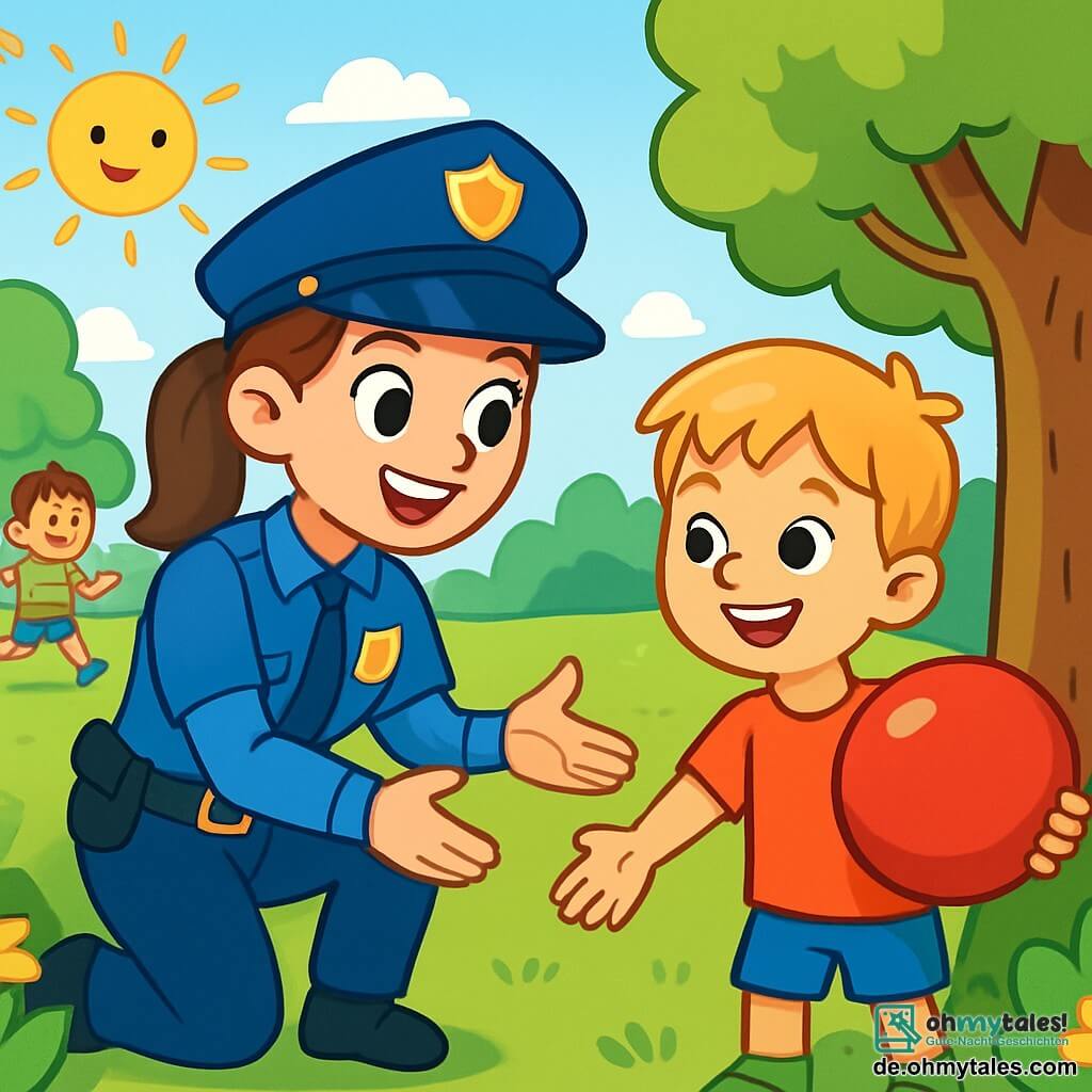 Eine lächelnde Polizistin namens Lara steht in einem sonnigen Park, gekleidet in eine leuchtend blaue Uniform mit einem schwarzen Gürtel und einem glänzenden Abzeichen. Ihr Gesicht strahlt Freundlichkeit und Entschlossenheit aus, ihre braunen Haare sind zu einem Pferdeschwanz gebunden. Sie hockt sich und reicht einem kleinen Jungen namens Emil, der 7 Jahre alt ist, die Hand. Emil mit einem großen Lächeln zeigt einen roten Ballon, den er hinter einem Baum gefunden hat. Rund um sie ist der Park voller Grün, mit laubtragenden Bäumen, bunten Blumen und spielenden Kindern. Lachen und Freude hallen in der Luft wider. Die Hauptsituation zeigt Lara, die Emil hilft, seinen verlorenen Ballon zu finden, was den Geist der Hilfsbereitschaft und Kameradschaft verdeutlicht.