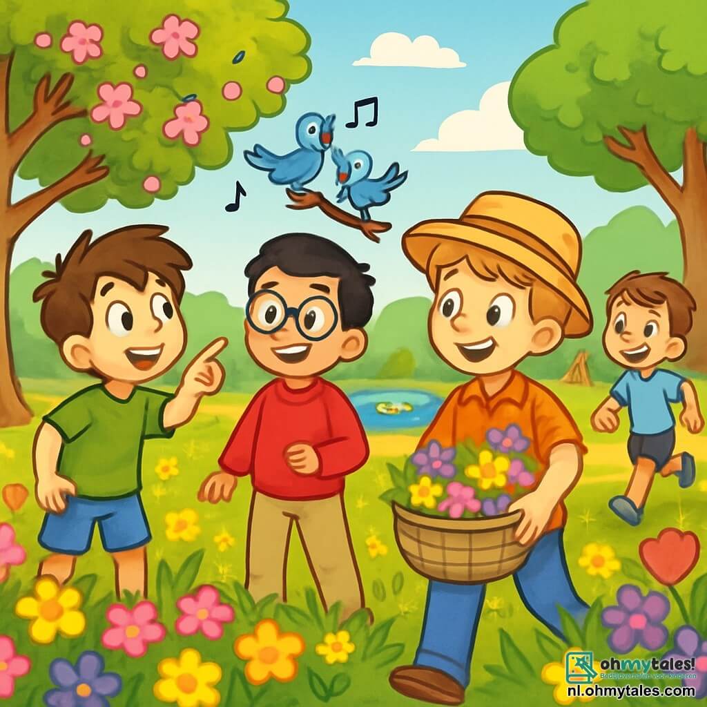 Er zijn 4 kinderen: Tom, een 10-jarig jongen met rommelig bruin haar en sprankelende ogen, draagt een groene t-shirt en een blauwe short en staat links, wijzend naar de bloeiende bomen. Samir, een 9-jarig jongen met zwart haar en ronde bril, draagt een rode sweatshirt en beige broek, staat in het midden, glimlachend en kijkend naar een groep zingende vogels. Jens, een 10-jarig jongen met blond haar en een strohoed, draagt een geruit overhemd en jeans, staat rechts met een mand vol kleurrijke bloemen. Bas, een 9-jarig jongen met kastanjebruin haar en een grote glimlach, draagt een lichtblauwe t-shirt en zwarte short, staat achter Jens, klaar om naar de speeltuin te rennen. De locatie is een groot lentepark vol met heldere bloemen in levendige kleuren zoals geel, roze en paars, omringd door majestueuze bomen met glanzende groene bladeren en een uitgestrekt grasveld waar kinderen spelen en lachen. In de verte is er een klein vijver met zwemmende eenden. De situatie toont de vier vrienden die zich voorbereiden om het park te verkennen op zoek naar jonge eendjes en bloemen om een prachtig lentekunstwerk te maken, vol energie en opwinding, klaar voor een avontuurlijke dag onder de stralende zon.