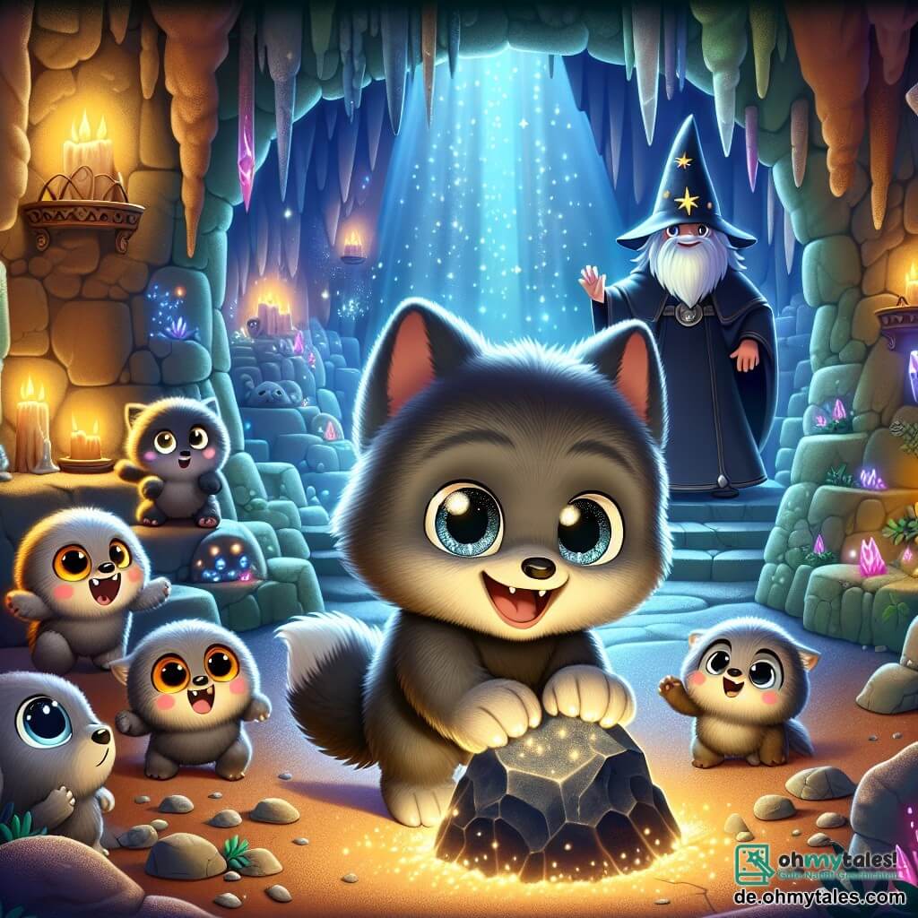 Luki, ein kleiner Wolf mit funkelnden Augen und weichem, grauem Fell, steht im Mittelpunkt des Bildes, mit einem breiten Lächeln im Gesicht, voller Aufregung und Neugier. Er ist umgeben von seinen Freunden, den Maulwürfen, die kleine, runde Tiere mit kurzen Beinen und glänzenden Augen sind und entschlossene Ausdrücke zeigen, während sie um einen großen, dunklen Stein in einer geheimnisvollen Höhle graben. Die Höhle ist erleuchtet von funkelnden Lichtern und tanzenden Schatten, mit Stalaktiten, die von der Decke hängen, und Wänden, die mit bunten Kristallen bedeckt sind. Im Hintergrund ist ein großer Steinthron sichtbar, auf dem der Zauberer sitzt, eine imposante Figur mit einem langen schwarzen Mantel und einem zotteligen Bart, die einen Ausdruck von Überraschung und Nachdenklichkeit zeigt, während er Luki und die Maulwürfe ansieht. Die Szene zeigt Luki und seine Freunde, die dem Zauberer gegenüberstehen, um das Sonnenlicht zurückzuholen, was eine Atmosphäre von Spannung und Abenteuer schafft, mit goldenen Lichtstrahlen, die durch den Eingang der Höhle filtern und Hoffnung und Sieg symbolisieren.