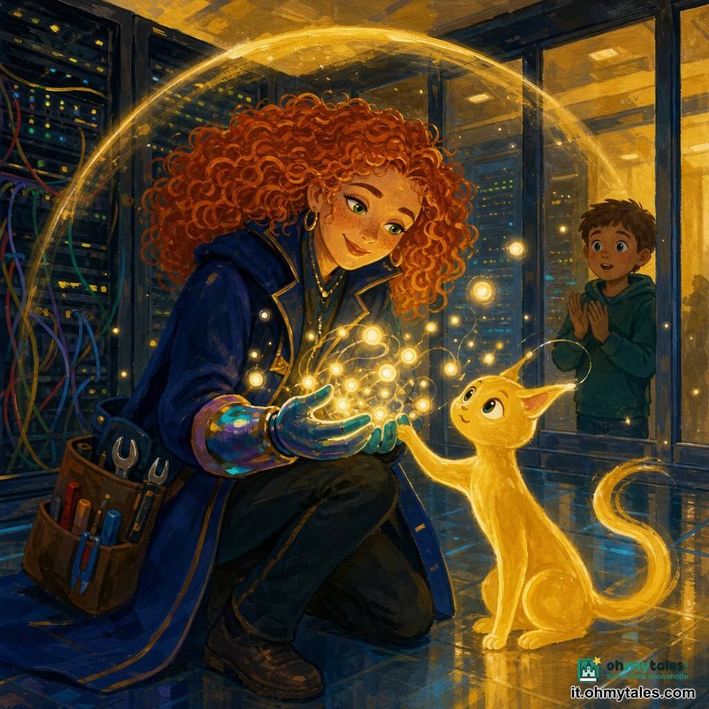 Luminara, alta e sorridente, capelli rossi ricci come fili di rame e occhi verdi luminosi, è inginocchiata a raccogliere piccole lucciole di dati tra le mani; al suo fianco l’Ombra dorata, piccola e fluida come un gatto, le tiene la mano e guarda le lucciole con meraviglia; dietro una vetrata della grande sala server dai muri scuri e file di rack pieni di cavi colorati un bimbo di circa 7 anni, occhi spalancati, applaude timidamente; insieme Luminara e l’Ombra formano uno scudo di luce dorata che protegge le lucciole di dati in un’atmosfera rassicurante, magica e di movimenti dolci, con luce calda ambra e riflessi blu sul pavimento metallico.