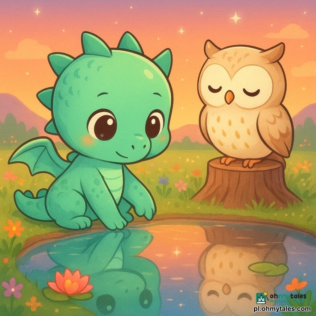Mały smok chibi o błyszczących miętowo-zielonych łuskach i dużych okrągłych oczach, zmarwiony i łagodny, siedzi nad lustrzanym jeziorem i dotyka łapą własnego odbicia; za nim, na pniu, siedzi mądra sowia chibi o kremowym upierzeniu i złotych plamkach, uśmiechnięta i przyjazna; jezioro gładkie jak lustro, odbicia wyraźne przy ciepłych różowo-pomarańczowych barwach zachodu słońca z liliami wodnymi i drobnymi migoczącymi falami; otoczenie to łąka z kolorowymi kwiatami, łagodne góry w tle i niebo z pojawiającymi się gwiazdami; scena kontemplacyjna, spokojna i czuła, nacisk na odbicia i wewnętrzne emocje wyrażone ciepłymi kolorami; styl graficzny: miękkie linie, grube kontury, kontrastowa pastelowa paleta, lekko błyszczące faktury, baśniowa i uspokajająca atmosfera.