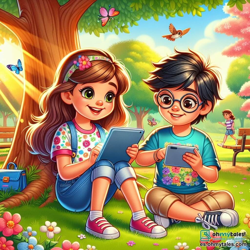 Una niña de 10 años, llamada Sofía, con largos cabellos castaños y ojos brillantes de curiosidad, sonríe alegremente mientras sostiene una tableta en sus manos. Lleva una camiseta colorida con motivos de flores y un short de mezclilla, sentada en la hierba verde del parque, rodeada de flores vibrantes. A su lado, su amigo Carlos, un niño de 10 años con cabello negro despeinado y gafas redondas, se inclina sobre su propio dispositivo, mostrándole a Sofía cómo agregar música a su proyecto. Lleva una camiseta azul y un short beige, sentado en un banco de madera cerca de un majestuoso árbol. El parque está bañado en luz dorada, con árboles frondosos, bancos de madera y niños jugando a lo lejos. Mariposas coloridas vuelan alrededor de las flores, añadiendo un toque de magia a la escena. Sofía y Carlos trabajan juntos en sus proyectos digitales, riendo y compartiendo ideas, mientras disfrutan de un hermoso día soleado.