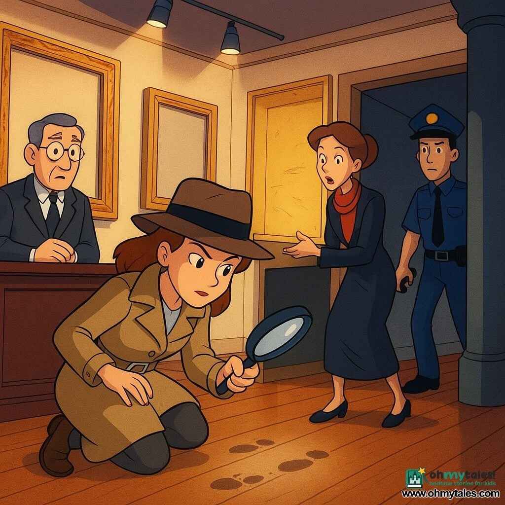 The detective is a woman with a gentle face and sharp eyes, kneeling to examine small dusty footprints on a varnished wood floor; Mr. Cooper, the middle-aged gallery owner with graying hair and round glasses, stands worried by a dark wood reception desk; Clara, an elegant but nervous woman in a dark dress and red scarf, is caught furtively removing a painting hidden behind a sliding panel behind a large empty gilded frame; a young policeman in a blue uniform enters from the back door with a flashlight and handcuffs, half in shadow by a column; the interior is a nighttime art gallery with cream walls, warm spotlights highlighting gilded frames, a grainy camera monitor on a table, and glossy wood plank floors; the main moment: Clara is surprised stealing the hidden painting, tense colorful atmosphere, sharp silhouettes and long shadows from spotlights.