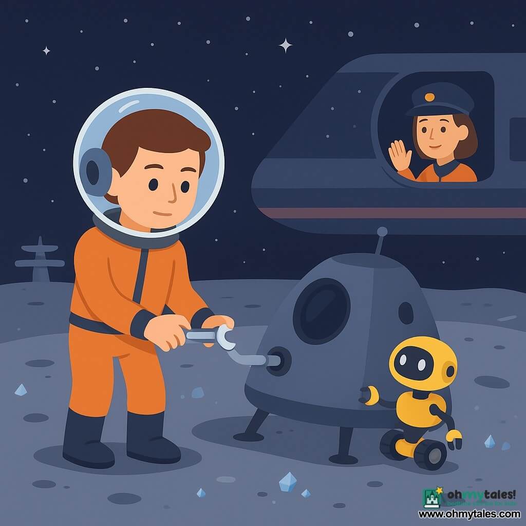 A young man stands on the gray surface of a small moon, calm and focused, in a simple flight suit with an orange jacket and boots, holding a small silver regulator and looking at his ship in a crater; a female cargo captain appears small in the background on the ship's bridge, waving through a round porthole; a small yellow robotic assistance drone hovers near the ship with wheels and mechanical arms deployed, helping with repairs; the setting is a wide hollow crater with rounded rims, powdery gray ground with boot prints, scattered bluish sparkling crystals, a deep black starry sky, and the distant silhouette of a silver orbital port on the horizon; the main scene is a peaceful landing and methodical repair — the man calmly fixes the ship's external piping under soft light while the drone assists and the captain watches, creating a tranquil, reassuring atmosphere.