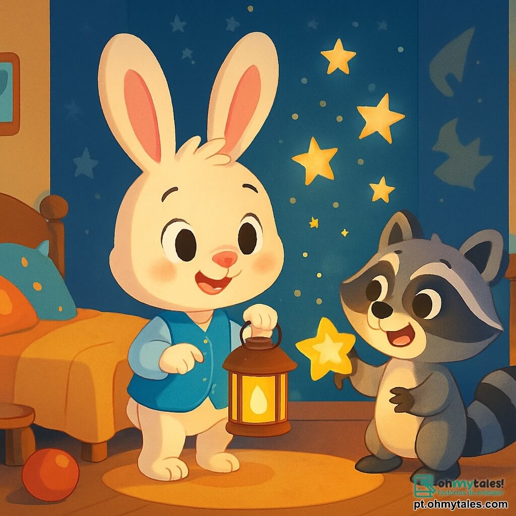Um coelhinho com grandes orelhas, chamado Tomás, está no centro da cena, com um olhar curioso e maravilhado. Seu pelo é macio e branco, e ele usa um colete azul. Ele segura uma lanterna mágica que projeta estrelas cintilantes nas paredes. Ao lado dele, um guaxinim chamado Luzinhas, com pelo cinza e olhos brilhantes, sorri alegremente. Ele ergue uma pequena lanterna em forma de estrela, iluminando o rosto de Tomás. O ambiente é um charmoso quarto de porquinho, com paredes pintadas em tons pastéis, brinquedos espalhados e uma cama aconchegante coberta de almofadas coloridas. A luz suave da lanterna cria uma atmosfera acolhedora, cheia de magia. A cena mostra Tomás e Luzinhas brincando com as sombras projetadas nas paredes, rindo juntos e descobrindo a beleza do escuro, transformando o medo em alegria.
