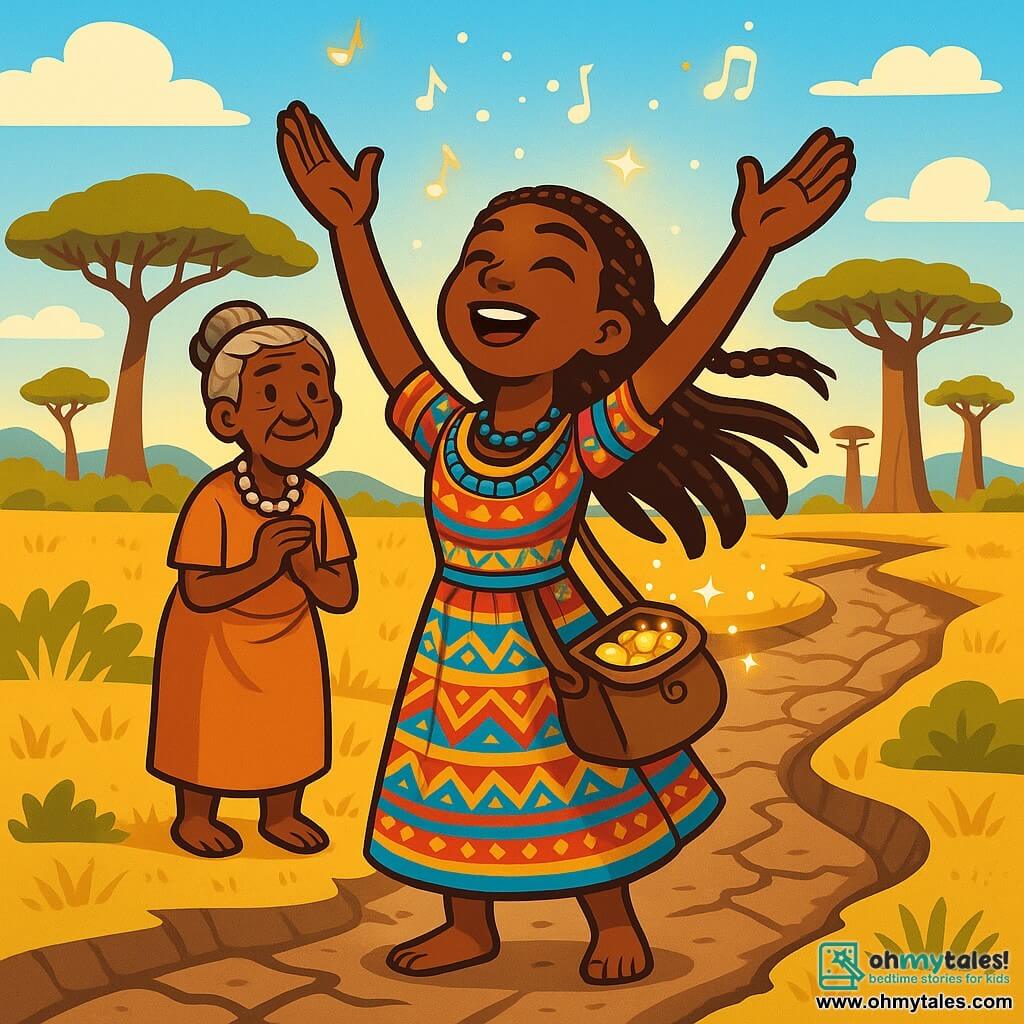 A young woman, Nia, stands at the edge of a dried-up river, her face radiating determination and hope. She has warm brown skin, sparkling eyes, and braided hair that dances in the wind. She wears a traditional dress with colorful patterns, adorned with shimmering beads, and holds a small satchel filled with offerings for the nature spirits. Beside her is Efia, a 60-year-old woman with deep wrinkles that tell stories of wisdom. Dressed in a light fabric dress and wearing a shell necklace, she observes Nia with pride and encouragement, standing slightly back like a caring guide. The backdrop is a golden savannah dotted with majestic acacias under a bright blue sky with soft white clouds. In the distance, imposing baobabs stand as silent witnesses to the passage of time. The main scene shows Nia with her arms raised to the sky, singing a soft melody to call the river spirits, while sparkles of light surround her, symbolizing her connection to the spiritual world. The vibrant colors of the savannah and the golden light of the setting sun create a magical and hopeful atmosphere.