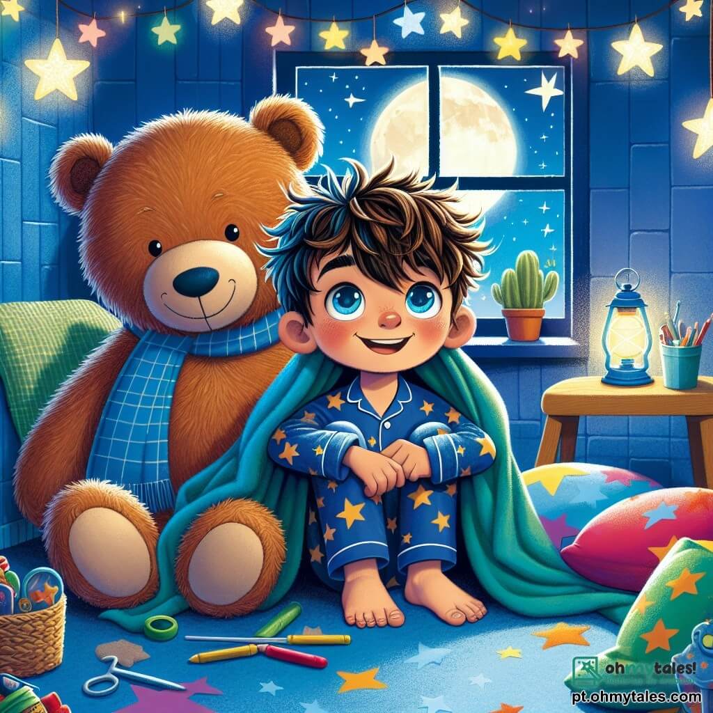 Um menino de 8 anos, chamado Pedro, está sentado em uma cabana feita de travesseiros e cobertas coloridas, com um grande sorriso no rosto. Ele tem cabelos castanhos bagunçados, olhos brilhantes de curiosidade e veste um pijama azul com estrelas. Ao seu lado, um urso de pelúcia gigante, chamado Urso Protetor, está sentado, com um olhar amigável e protetor, como se estivesse cuidando de Pedro. A luz suave e colorida das luzes em forma de estrelas cria uma atmosfera acolhedora e mágica, iluminando as paredes de azul calmante. Brinquedos estão espalhados ao redor, e uma janela revela um céu estrelado do lado de fora. A cena principal mostra Pedro, cercado por seu urso de pelúcia, contando histórias imaginárias sobre as estrelas, enquanto se sente seguro em sua cabana, transformando seu medo do escuro em uma aventura cheia de alegria e criatividade.