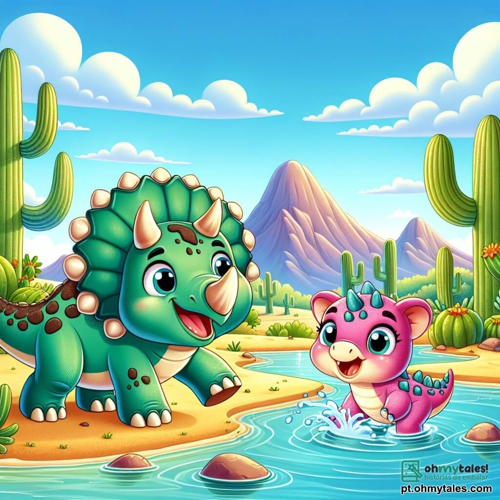 Em uma paisagem ensolarada, um tricératops chamado Tico, com pele verde e manchas de terra marrom nas costas, exibe uma expressão alegre enquanto bebe água fresca de uma linda lagoa. Ao seu lado, Lila, um lamassauro com escamas rosas e olhos brilhantes, sorri brincando na água, suas patas palmadas espirrando alegremente. Ao fundo, cactos gigantes se erguem sob um céu azul radiante, enquanto montanhas distantes acrescentam um toque majestoso à paisagem. A cena captura o momento em que Tico e Lila se divertem juntos, aproveitando seu dia de aventura à beira da lagoa, cercados pela beleza do antigo deserto.