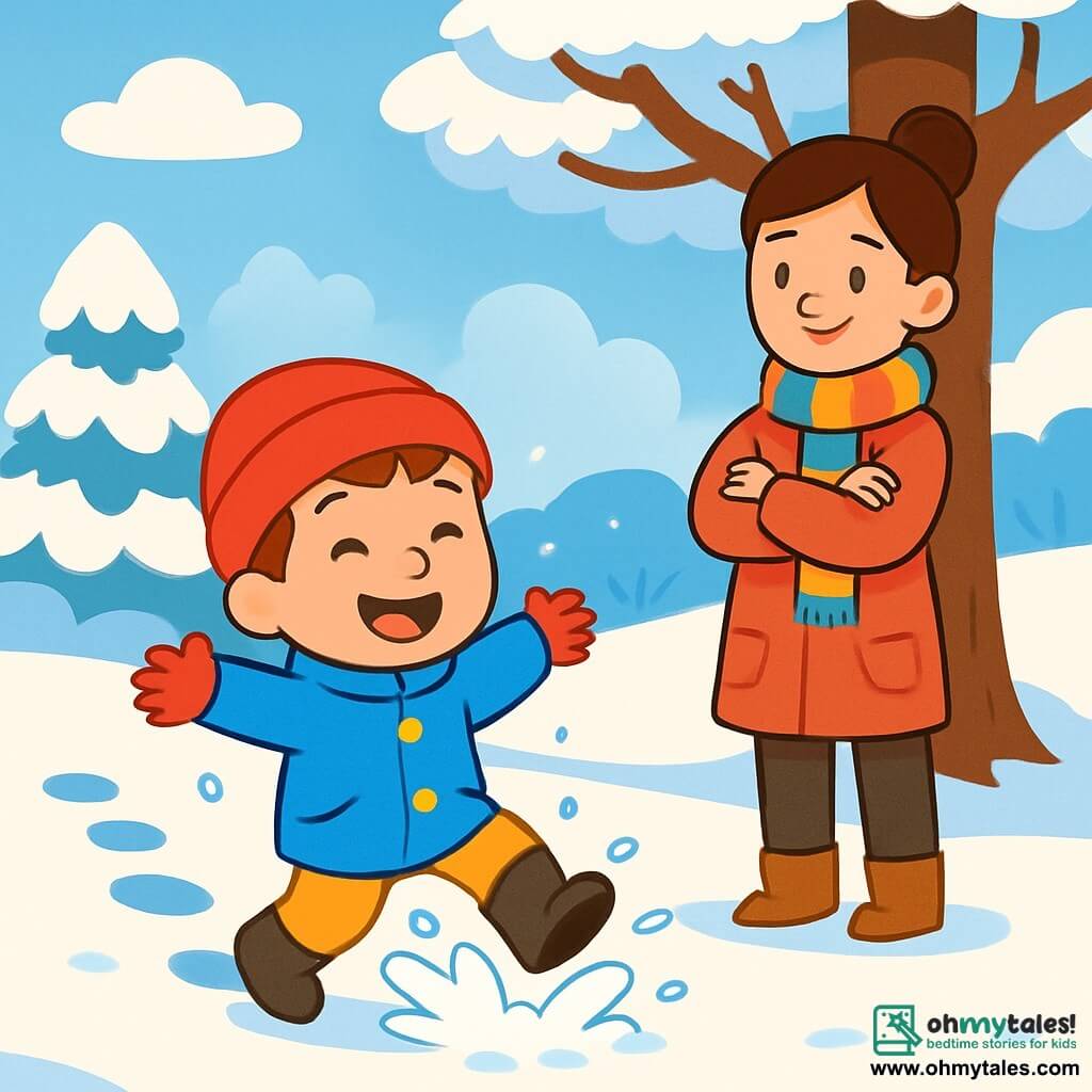 A 4-year-old boy with a big joyful smile is wearing a bright blue coat and a red hat. He is making footprints in the snow, his black boots leaving amusing traces behind him. Next to him, his mother, a woman in her 30s with brown hair in a bun and a colorful scarf, smiles as she watches her son with her arms crossed, standing near a large snow-covered tree. The setting is an enchanting winter landscape: a ground covered with a thick layer of sparkling snow under the sun, majestic trees with snow-laden branches, and a clear blue sky dotted with a few white clouds. The main scene shows the boy having fun jumping into the snow, splashing flakes around him, while his mother watches him tenderly, creating a joyful and lively atmosphere.