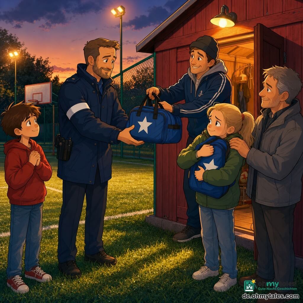Ein freundlicher, circa vierzigjähriger Polizist mit leichtem Bart, dunklem Mantel und weißem Armabzeichen reicht die Hand, um eine Sporttasche entgegenzunehmen; links steht ein etwa 11-jähriger Junge mit zerzausten braunen Haaren, Jeans und rotem Sweatshirt, bewunderndes, neugieriges Gesicht und gefalteten Händen; leicht vor dem Polizisten steht ein etwa 10-jähriges Mädchen mit blonden Pferdeschwanz, grüner Jacke, erst besorgtem dann erleichtertem Blick, die eine blaue Sporttasche mit großer weißer Sternapplikation an die Brust presst; hinter ihr der dankbare, leicht erleichterte Vater (ca. 50) mit grauer Jacke, Hand auf ihrer Schulter; vom Eingang eines kleinen roten Holzhauses reicht ein sportlich gekleideter, etwa dreißigjähriger Trainer die Tasche, schüchtern lächelnd; Schauplatz: kleiner Außensportplatz bei Dämmerung mit nassem Gras, weißer Bahnlienie, Basketballkorb, grünem Zaun und orangen Straßenlaternen, Atmosphäre warm und beruhigend, dankbare Blicke, entschuldende Gesten und taufeuchte Grashalme.