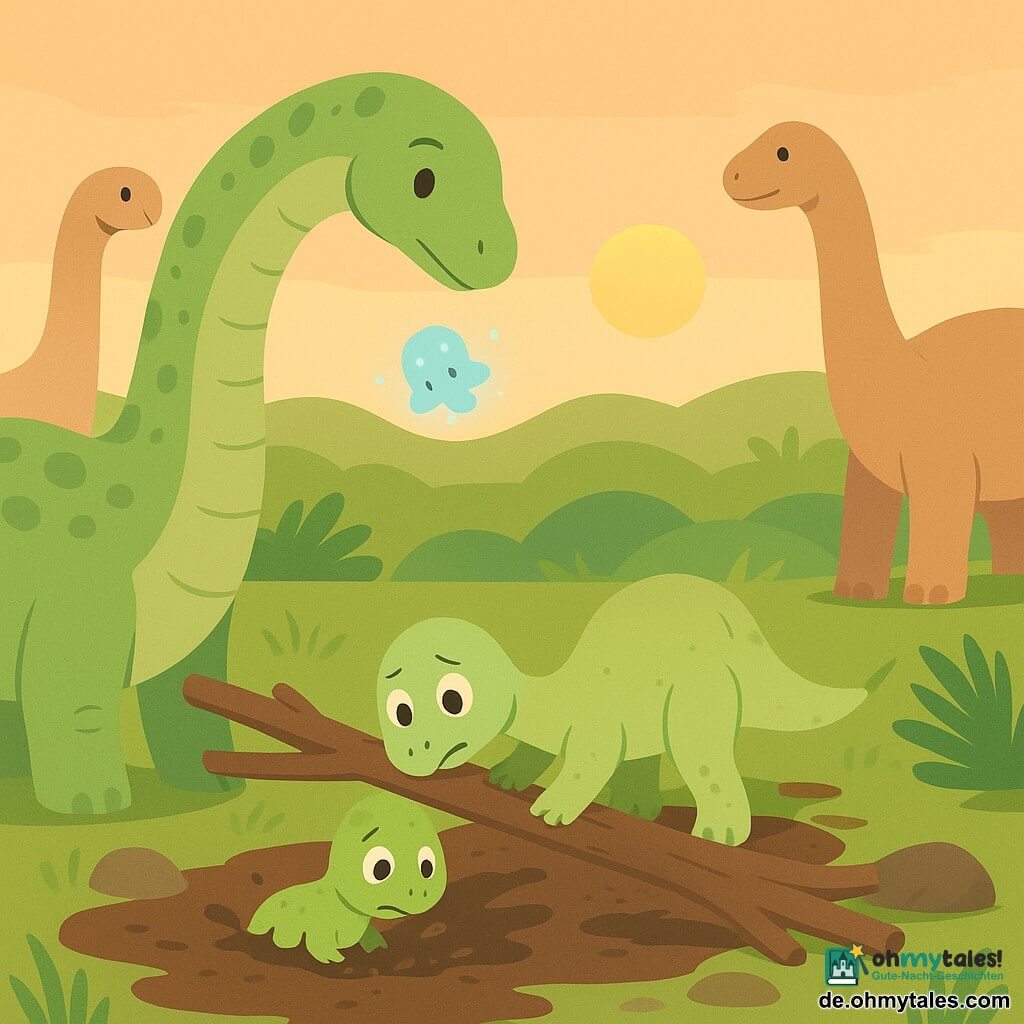Ein großer männlicher Diplodocus mit gebogenem Hals und hellgrüner, schuppiger Haut legt behutsam einen dicken Ast als Brücke, um ein bis zu den Knien im Schlamm steckendes, kleineres Diplodocus-Junges mit blasserer grüner Färbung und ängstlich-erleichtertem Blick herauszuziehen; zwei weitere ruhige, massige Diplodocus im rosig-beigen Ton stützen von beiden Seiten die Astbrücke im Hintergrund, während Glitz, ein winziges halbtransluzentes, blau-rosa schimmerndes Wesen, leicht schwebend eine sanfte Leuchtspur über die schlammige Fläche wirft; die Szene spielt auf einer weiten, welligen Wiese mit stilisierten hohen Gräsern, vereinfachten Farnen, Schlammflecken und verstreuten Steinen unter einem pastellfarbenen Himmel und vermittelt ein ruhiges, kollektives Rettungsmotiv mit einfachen Formen und weichen Farben.