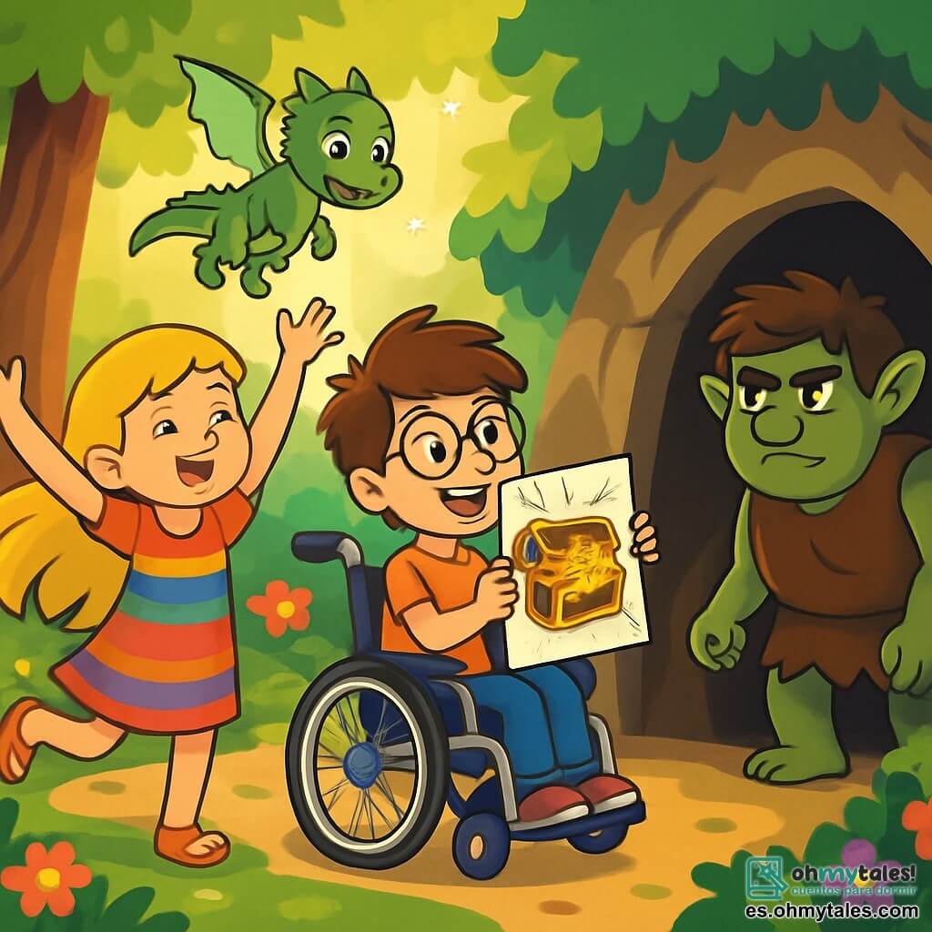 Hay 3 personajes: - Valentina: una niña de 8 años con largos cabellos dorados que brillan como el sol. Lleva un vestido colorido y sandalias. Está bailando alegremente, levantando los brazos para atraer la atención del troll. - Lucas: un niño de 9 años con el cabello castaño desordenado y gafas redondas. Está sentado en su silla de ruedas decorada con pegatinas coloridas, sosteniendo un gran dibujo de un tesoro brillante. Sonríe con entusiasmo, listo para lanzarse hacia la caverna. - Drago: un pequeño dragón con escamas verdes brillantes y ojos azules resplandecientes. Vuela sobre Valentina y Lucas, con alas translúcidas que brillan a la luz del sol. El lugar se desarrolla en un claro encantado, rodeado de grandes árboles con troncos gruesos y hojas de un verde brillante. Flores multicolores crecen por todas partes, y un suave rayo de sol filtra a través de las ramas, iluminando la escena con una luz dorada. En el fondo, se perfila una caverna oscura, con un resplandor misterioso que emana de su interior. La situación principal de la historia muestra a Valentina bailando para distraer al troll malvado, mientras Lucas, con su dibujo del tesoro, se prepara para entrar en la caverna y recuperar el Corazón del Bosque. La emoción y la aventura son palpables en el aire, con una atmósfera mágica que flota a su alrededor.