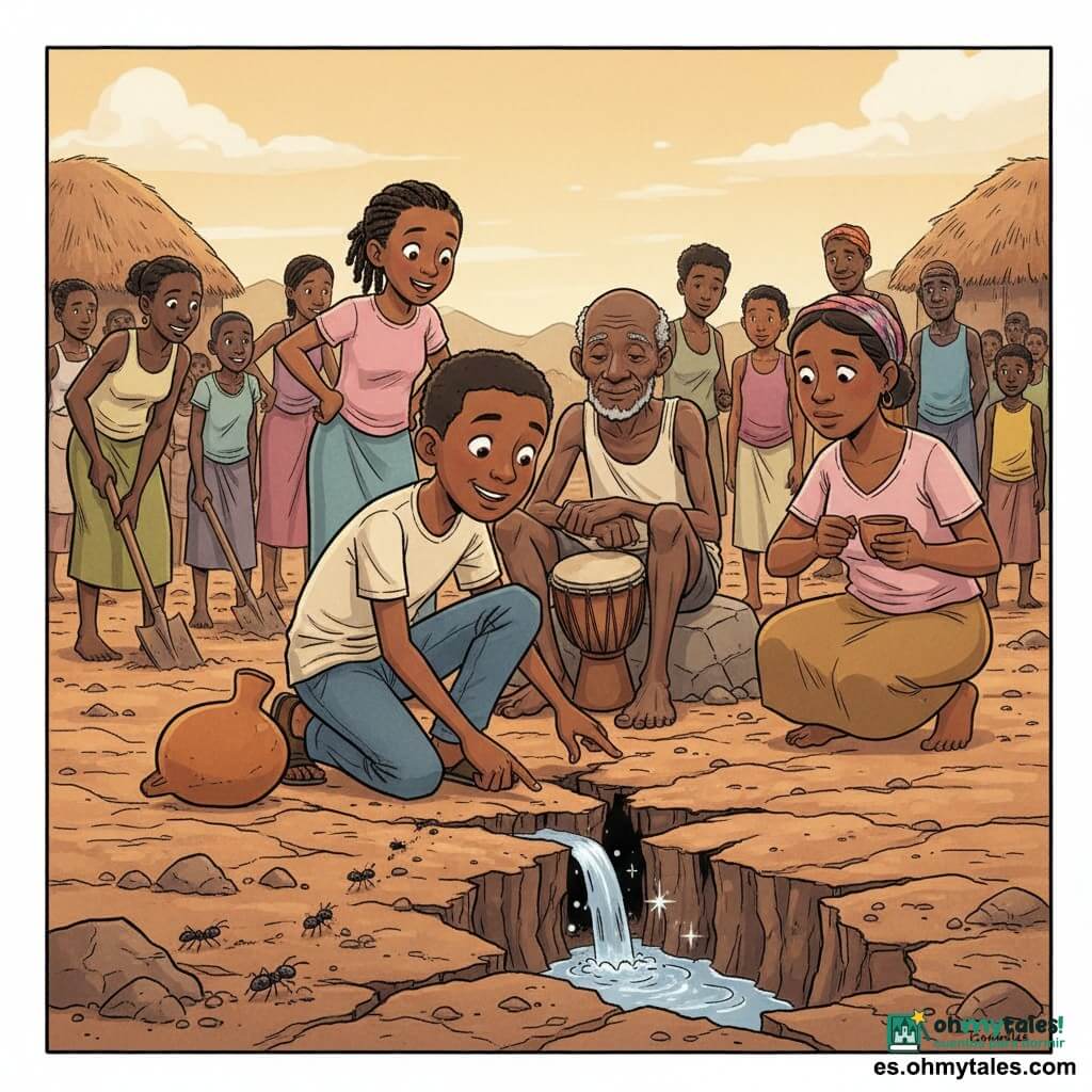 Kofi, adolescente de piel morena, rostro ovalado, ojos vivos y sonrisa asombrada, agachado junto a una grieta señalando una pequeña fuente de agua cristalina con una calabaza vacía a su lado; Sali, niña de unos 10 años con trenzas, sorprendida y alegre, de pie detrás de Kofi inclinada para mirar; Griomé, anciano griot de piel arrugada y cabello gris con su bastón de tambor, sentado en una piedra observando con orgullo; la madre de Kofi, mujer adulta fatigada pero aliviada, con una pequeña taza de barro lista para llenar la calabaza; otros habitantes del pueblo al fondo cavando suavemente con palas y palos; hormigas en primer plano transportando migas y trozos de barro hacia la grieta; lugar: marigot seco de suelo agrietado ocre y marrón, hierbas secas, termiteros y palmeras lejanas; escena: descubrimiento de una minúscula poza de agua que refleja un brillo plateado en una grieta, ambiente de ayuda y asombro al atardecer con luz dorada y sombras alargadas, composición centrada en Kofi, la grieta y la pequeña lámina de agua.
