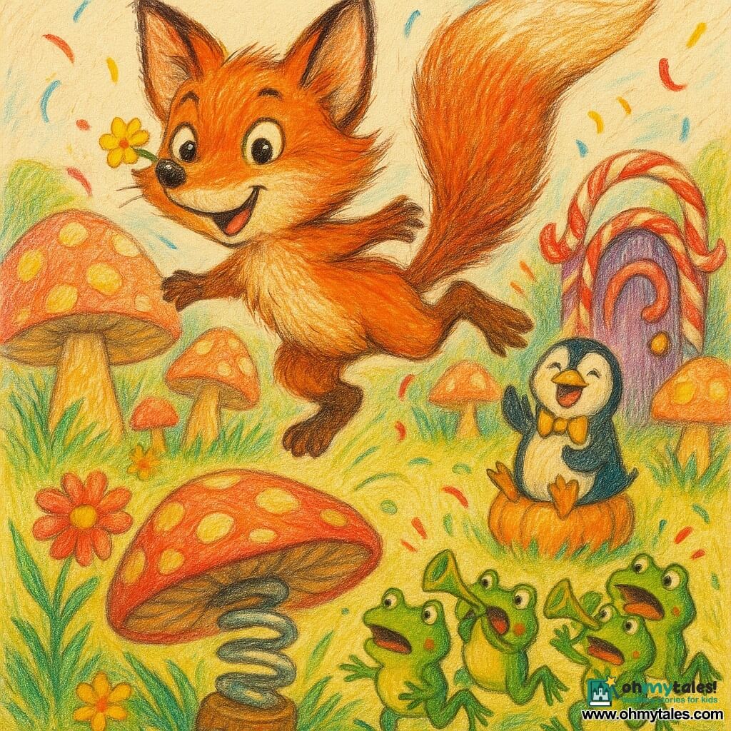 Flipperty, a mischievous red fox with a coppery orange coat and a fluffy tail, mid-smile and mid-air after bouncing on a large springy mushroom, spins with a small flower on his nose and lands gently among a group of round green frogs playing leaf trumpets and hopping back; nearby, a penguin wearing a golden bow tie sits on a pumpkin stool at the edge of the stage, applauding, while a colorful meadow of polka-dotted giant mushrooms, waving grass, bright flowers and a licorice-and-candy gate labeled Land of Laughter form the backdrop as laughter and confetti fill the scene.