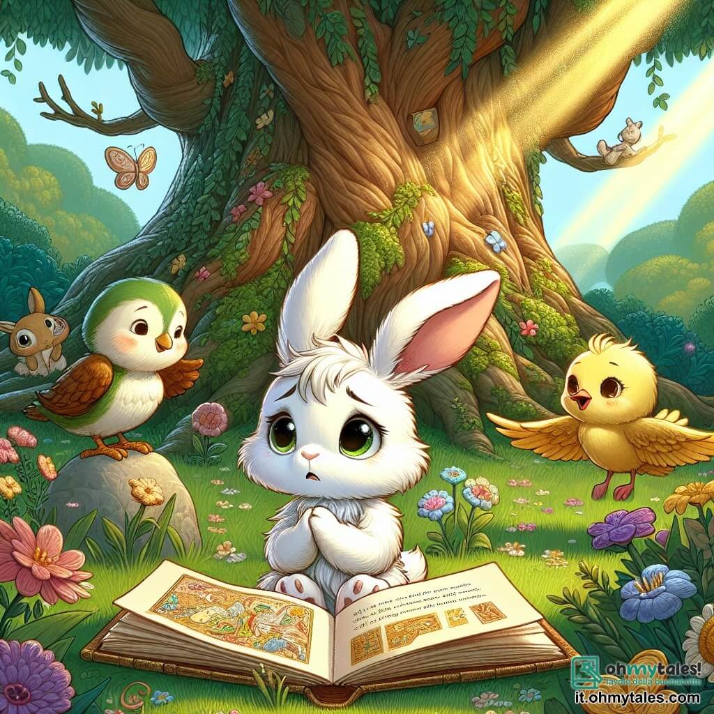 Un giovane coniglio dalle grandi orecchie, con pelliccia bianca e occhi brillanti, si trova al centro della scena, con un'espressione pensierosa e malinconica, guardando un vecchio libro aperto davanti a lui, pieno di disegni colorati e parole dorate. Alla sua destra, una piccola gallinella dalle piume gialle e dal sorriso rassicurante, con occhi pieni di gentilezza, si avvicina dolcemente, pronta a condividere storie, con un'espressione carica di empatia. Dietro di loro, un grande albero maestoso con foglie verdi brillanti e corteccia ruvida si erge, creando un'ombra delicata sul terreno coperto di fiori colorati, mentre un raggio di sole filtra tra i rami, illuminando la scena con una luce calda. La scena principale mostra il giovane coniglio, seduto sull'erba, immerso nei suoi ricordi, circondato dai suoi amici, mentre si riuniscono per condividere storie toccanti in memoria di una persona cara, creando un'atmosfera di conforto e solidarietà.
