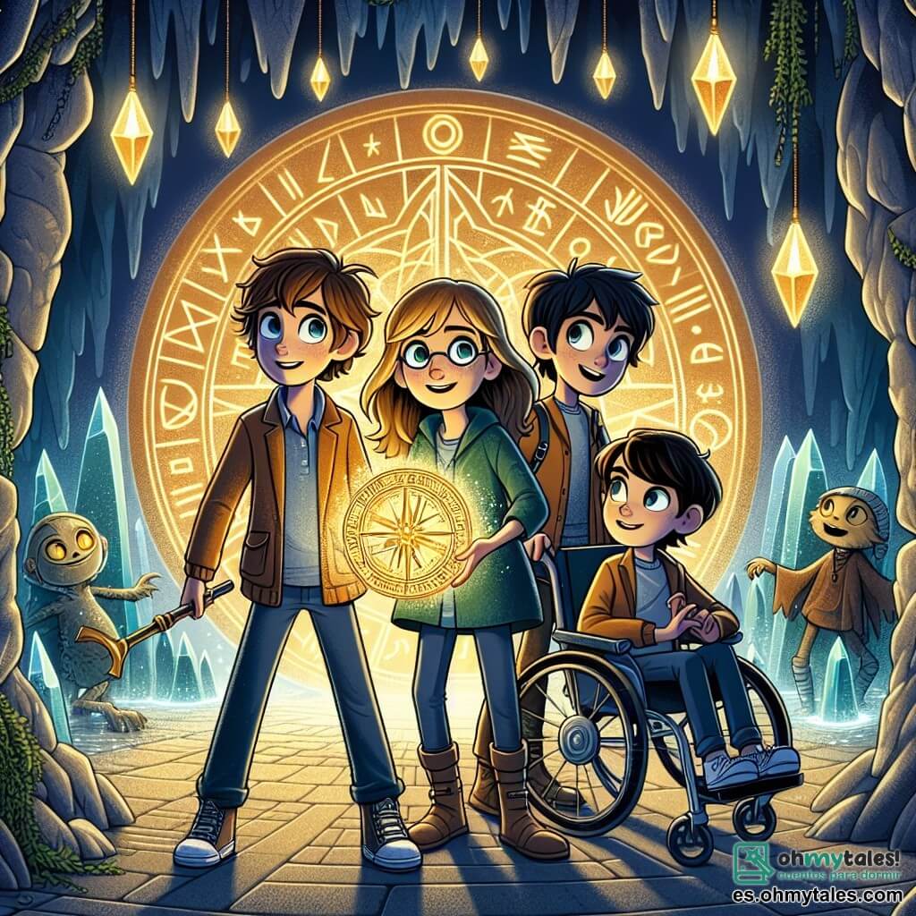 En una cueva misteriosa, cuatro amigos están juntos, listos para enfrentar un gran desafío. Martín, un chico de 11 años con el cabello castaño revuelto y ojos curiosos, sostiene una antigua brújula brillante, mirando con determinación hacia adelante. Helena, una chica de 11 años con cabello rubio largo y gafas redondas, está al lado de Martín, concentrada, lista para usar sus poderes mágicos y crear un escudo protector. Diego, un chico de 11 años con cabello negro y piel morena, está un poco apartado, con una sonrisa confiada, sosteniendo una esfera energética que fabricó, listo para lanzarla. Tomás, un chico de 11 años en silla de ruedas, observa atentamente los alrededores, con ojos brillantes de inteligencia, listo para detectar peligros ocultos. La cueva está iluminada por cristales brillantes que cuelgan del techo, proyectando sombras danzantes en las paredes de piedra. Runes antiguas están grabadas en las paredes, emitiendo un resplandor misterioso. En el centro, un pedestal de piedra sostiene el Cristal del Tiempo, brillando con una luz dorada, mientras que una silueta oscura, el héroe maligno, se encuentra al fondo, listo para defender su tesoro. Los amigos se preparan para enfrentar al héroe maligno y recuperar el Cristal del Tiempo, una aventura llena de magia y coraje que determinará el destino de Etheria.