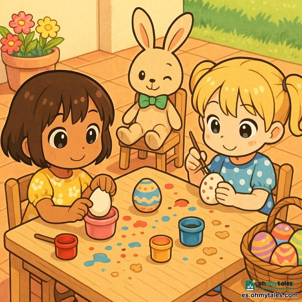 Hay 3 personajes: Alma, 3 años, cabello castaño corto, ojos redondos, vestido amarillo de flores, sentada a la izquierda de la mesa de madera, sostiene un huevo blanco que sumerge en una taza de pintura rosa; Lila, 3 años, cabello rubio en coletas, vestido azul con lunares blancos, sentada a la derecha, pinta puntos rojos en un huevo con un pincel fino; un conejo de tela en una silla pequeña, peluche beige con pajarita verde y un ojo que parece guiñar, colocado detrás de la mesa entre las niñas. Lugar: patio soleado con mesa de madera clara, sillas pequeñas, suelo de baldosas terracota, macetas con flores rosas y amarillas en el borde, hierba al fondo y una cesta de mimbre con huevos de colores a la derecha. Situación: las niñas decoran huevos de Pascua con pinturas roja, azul y amarilla, pinceles, salpicaduras de pintura, migas de brioche y un huevo pintado en el centro; ambiente alegre, colores vivos y luz suave de la mañana.