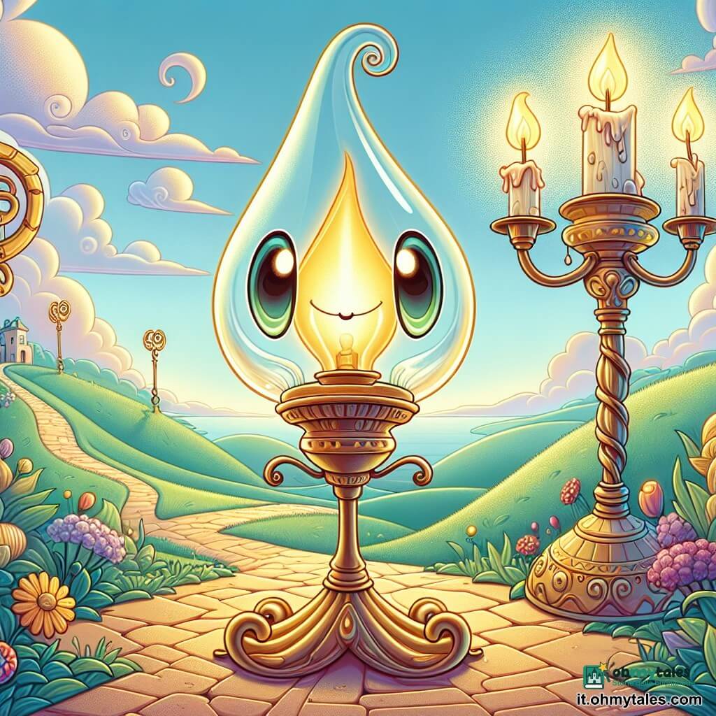 Al centro dell'immagine, Lampadino, una piccola lampada con corpo in metallo dorato, con una fiamma danzante e un cappello di vetro trasparente, si erge coraggiosamente su un sentiero tortuoso. Il suo volto esprime una determinazione luminosa, i suoi occhi brillano di speranza mentre avanza verso l'ignoto. Alla sua destra, il Gran Saggio Sbrilluccicone, un candelabro antico con braccia in ferro battuto e candele scintillanti, osserva con uno sguardo saggio e benevolo, sembrando incoraggiare Lampadino, la cui luce dolce illumina il cammino. Lo sfondo è un magnifico paesaggio di Luminaria, con colline verdi, fiori colorati e un cielo splendente di colori pastello, dove il giorno sembra non finire mai. La scena principale mostra Lampadino pronto a intraprendere un'avventura audace, determinato a ritrovare le Luci Perdute, mentre una leggera brezza fa danzare le foglie intorno a lui, aggiungendo un tocco di magia a questo momento decisivo.