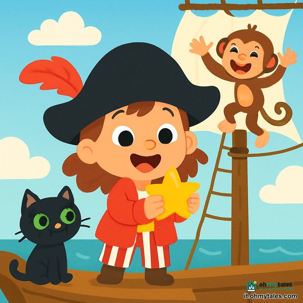 Una giovane piratessa di nome Lella, con un grande cappello nero ornato di una piuma rossa, sorride gioiosamente. Indossa una giacca rossa brillante e pantaloni a righe, i suoi occhi brillano di eccitazione mentre tiene una stella dorata tra le mani. Accanto a lei, un piccolo gatto nero di nome Pepe, con occhi verdi scintillanti, guarda la stella con curiosità, seduto sul bordo della nave. Poco più in là, una piccola scimmietta di nome Miro, con il pelo marrone e occhi maliziosi, scala l'albero maestro, ridendo e agitando le braccia. La scena si svolge sul ponte di una grande nave pirata, con velieri bianchi che sventolano al vento e un oceano blu scintillante sullo sfondo. Il cielo è chiaro e soleggiato, con alcune nuvole bianche soffici. Lella, Pepe e Miro celebrano la loro scoperta della stella dorata, circondati da onde che danzano intorno a loro.