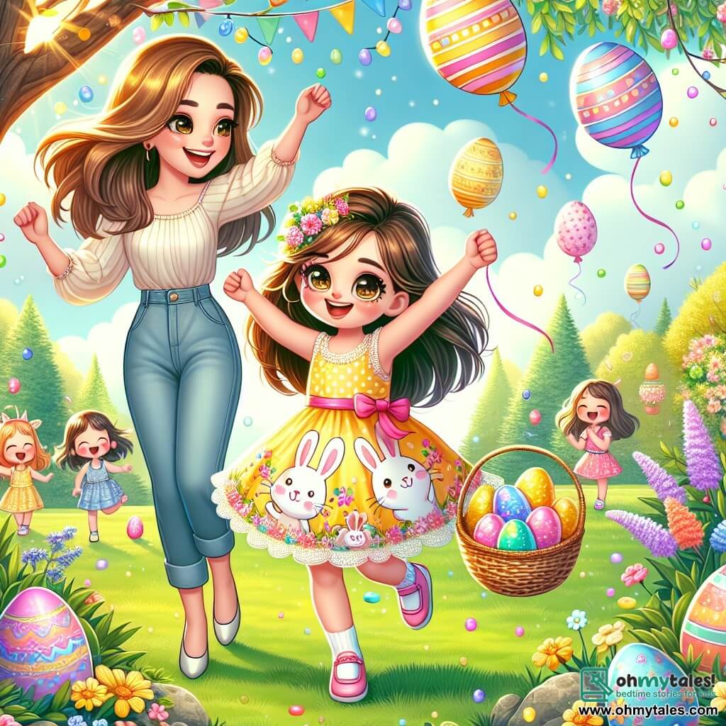 A 6-year-old girl named Lily, with long brown hair and sparkling eyes, is dancing in a sunny park. She wears a pretty yellow dress adorned with colorful bunnies and holds a basket filled with multicolored Easter eggs, her face beaming with excitement. Beside her, her mother, a woman in her 30s with brown hair and a warm smile, encourages her with raised arms, full of joy. She wears a light blouse and denim pants, standing near a flowering tree. In the background, the park is decorated with colorful garlands and balloons, with children laughing and playing. Shiny Easter eggs are hidden under bushes and around flowers. The main scene shows Lily searching for eggs, her amazed gaze scanning the ground, while her mother watches her tenderly, creating a festive and joyful atmosphere filled with Easter magic.
