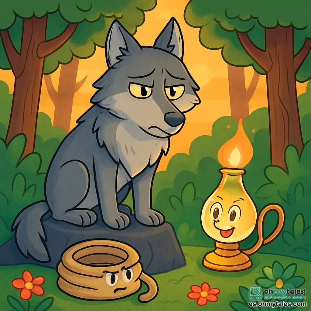 En el centro de la imagen, un Gran Lobo majestuoso, con pelaje gris plateado y ojos amarillos penetrantes, se encuentra sobre una roca, luciendo a la vez orgulloso y melancólico. Sus grandes orejas están erguidas, y su postura es imponente y vulnerable, como si buscara ser comprendido. A su derecha, Lumi, una pequeña lámpara de aceite, brilla con una luz suave y cálida. Su cuerpo es de vidrio delicado, con una llama danzante que ilumina su rostro sonriente y alentador, llena de esperanza y lista para ayudar al lobo a cambiar su imagen. Corde, una correa enrollada, reposa a sus pies, con una expresión decidida. Es de color beige, y sus contornos son nítidos, mostrando que está lista para unir corazones y tejer lazos. El fondo es un bosque denso, con árboles de troncos retorcidos y hojas verdes brillantes, bañados por la luz dorada del sol poniente. Flores coloridas salpican el suelo, añadiendo un toque de magia al entorno. La situación principal muestra al Gran Lobo, rodeado de Lumi y Corde, conversando con ellos, buscando entender cómo puede cambiar la percepción que los demás tienen de él. La atmósfera es seria y llena de esperanza, simbolizando el inicio de una nueva amistad.