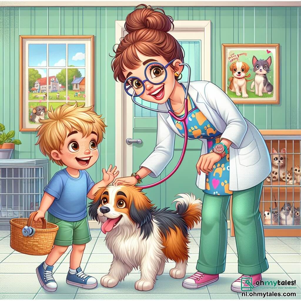 Dr. Lotte is een glimlachende vrouw van ongeveer dertig jaar, met bruin haar in een knot en ronde bril. Ze draagt een kleurrijke schort met dierenmotieven en houdt een stethoscoop in haar handen, terwijl ze teder naar een fluffy hond genaamd Max kijkt, die gelukkig lijkt en met zijn staart kwispelt. Timmy, een 8-jarig jongetje met wild blond haar en een blauwe t-shirt, staat naast haar. Hij aait Max met een grote glimlach, zijn ogen stralen van opwinding. De scène speelt zich af in een lichte dierenkliniek, met pastelgroene muren en posters van dieren. Er zijn kooien met spelende kittens en een hoek met speelgoed voor dieren. De belangrijkste situatie toont Dr. Lotte die Max verzorgt, een hond met een beetje koorts, terwijl Timmy enthousiast helpt, wat een warme en vriendelijke sfeer creëert waar de liefde voor dieren voelbaar is.