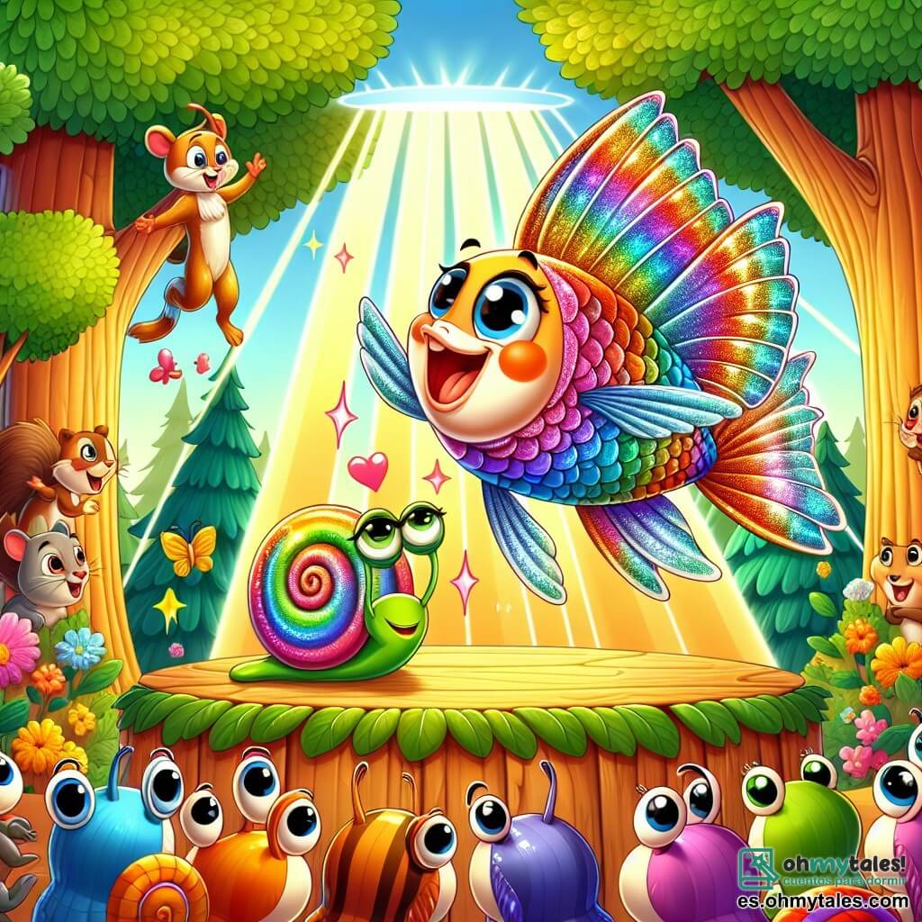 En el centro de la imagen, un pequeño pez volador llamado Nube, con escamas brillantes de colores del arcoíris y alas delicadas, realiza movimientos cómicos en el aire. Su rostro irradia alegría y emoción, y sus ojos brillan de entusiasmo mientras hace muecas para hacer reír a su público. A su lado, un caracol llamado Lento, con una concha espiral colorida y una sonrisa cálida, mira a Nube con admiración. Está sentado en una hoja verde, con los ojos chispeantes de orgullo, animando a su amigo con gestos entusiastas. Al fondo, se ve un hermoso bosque de Algodón, lleno de árboles de troncos gruesos y hojas vibrantes, flores brillantes y rayos de sol filtrándose entre las ramas. Animales curiosos, como ardillas y pájaros, se reúnen para aplaudir y reír. La escena principal muestra a Nube en pleno espectáculo, improvisando movimientos divertidos e imitando los sonidos de otros animales, mientras el público animal estalla en risas y aplausos, creando una atmósfera alegre y festiva.