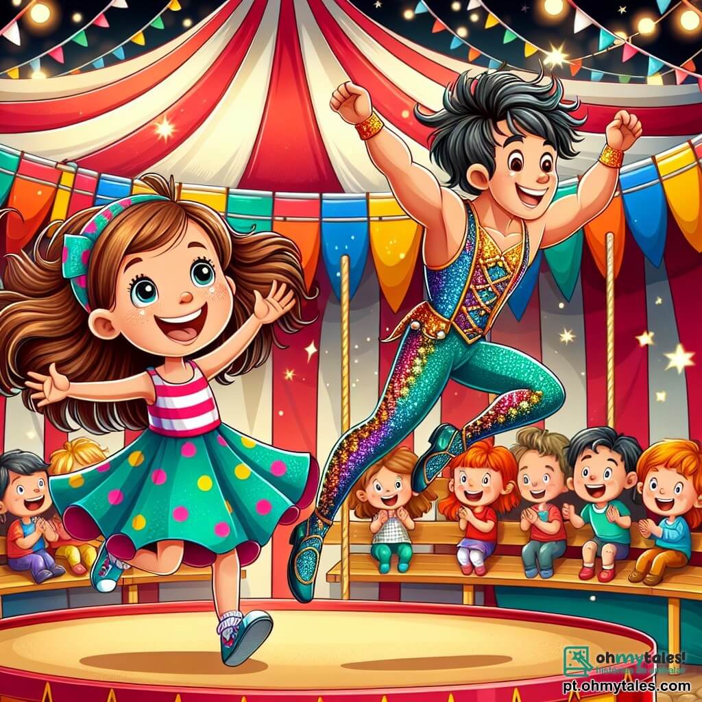 Uma menina de 6 anos, Clara, com longos cabelos castanhos e olhos brilhantes de alegria, está no centro da imagem. Ela usa um vestido colorido de bolinhas e um grande sorriso no rosto, pulando de felicidade diante de um jovem acrobata. O jovem acrobata, um garoto de cerca de 20 anos, é atlético, com cabelos pretos bagunçados, vestido com um traje brilhante de circo. Ele executa uma acrobacia impressionante, suspenso no ar, com uma expressão concentrada, mas alegre. Ao fundo, a grande tenda de circo é decorada com cores vivas, com bandeiras flutuantes e luzes cintilantes. Espectadores maravilhados, crianças e adultos, estão sentados em bancos de madeira, aplaudindo e rindo. A cena principal mostra Clara, com os braços levantados, admirando o jovem acrobata que realiza um salto espetacular, criando uma atmosfera mágica e alegre, repleta de risos e encantamento.