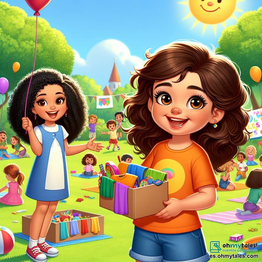 Una niña de 7 años, Ana, con grandes ojos marrones brillantes y cabello rizado castaño, sonríe alegremente mientras sostiene un gran cartel colorido que dice "Día de Juegos y Ayuda". Lleva una camiseta naranja brillante y un short de mezclilla, rodeada de un ambiente festivo. Junto a ella está Sofía, una niña de 8 años con cabello negro y rizado, que lleva un vestido azul y una sonrisa radiante. Sostiene una pequeña caja llena de juguetes para donar, mirando a Ana con admiración. El lugar es un parque soleado, lleno de vegetación, con árboles majestuosos y niños jugando en una gran pradera. Globos coloridos flotan en el aire y familias se reúnen alrededor de mesas llenas de comida y ropa para donar. La escena principal muestra a Ana y Sofía, rodeadas de otros niños, jugando juntas, riendo y compartiendo momentos de felicidad mientras contribuyen a una hermosa causa de solidaridad.