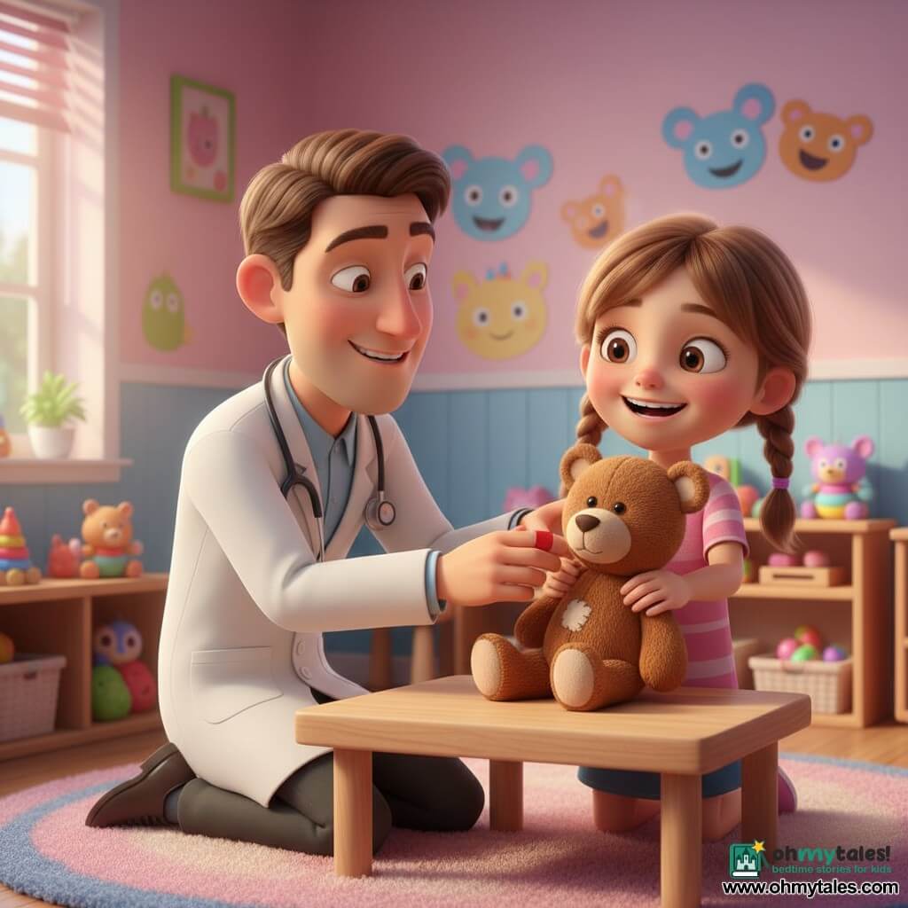 A kind smiling male doctor with short brown hair, in a pristine white coat and stethoscope, kneels and gently wraps a small red bandage around the paw of a small brown teddy with a visible seam and a light stain, placed on a wooden exam table, while Lily, about five with light brown pigtails, big curious eyes and a delighted smile, holds her bear and watches from the right; the scene is a warm, reassuring moment in a colorful pediatric exam room with pastel walls, cheerful animal stickers, sunlight through a window, low shelves of toys and a soft rug.