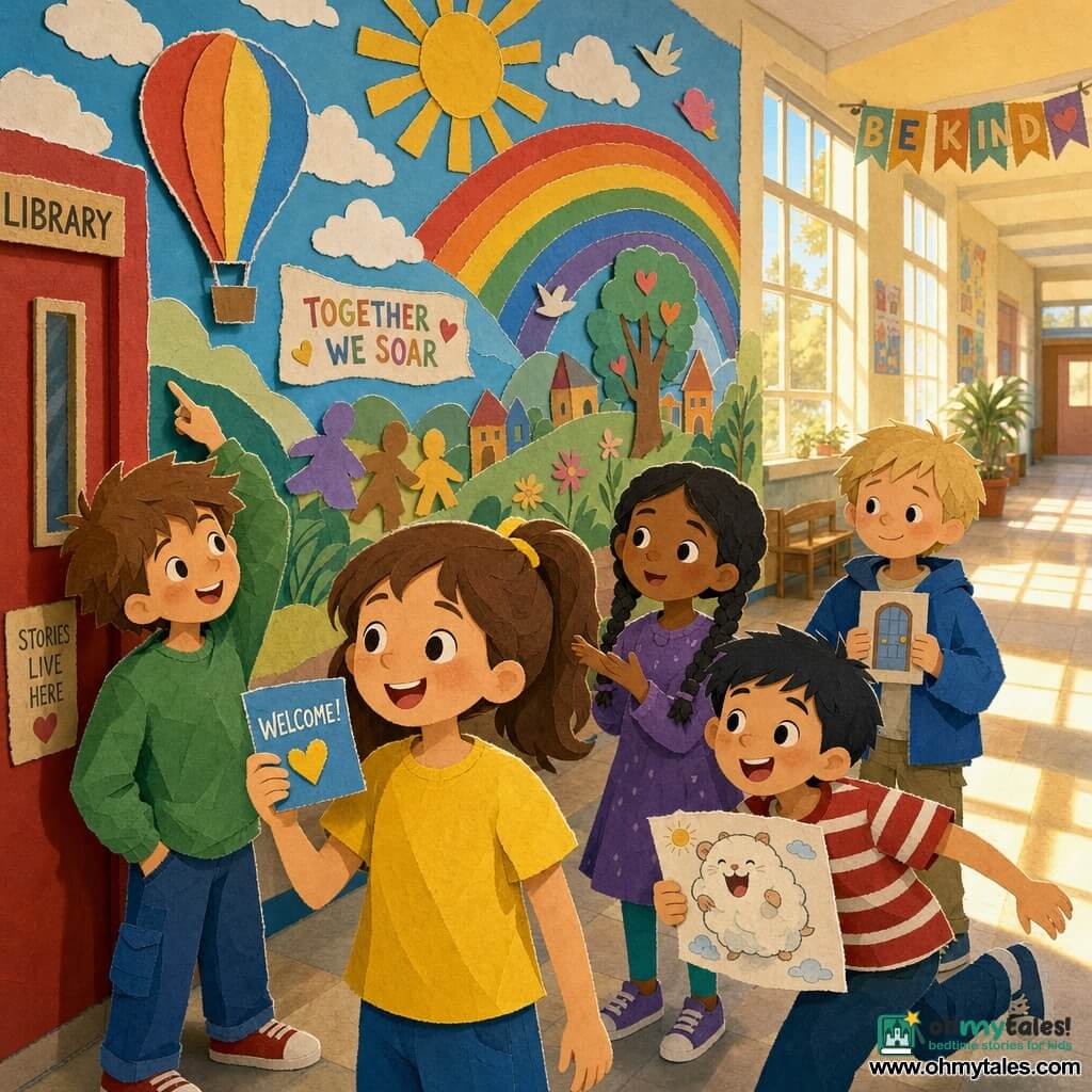 Five 7-year-old children stand before a large, paper-cut mural in a wide school corridor lit by a golden shaft of sunlight: Mia (brown ponytail, bright yellow tee) stands center holding a small blue welcome card; Leo (messy brown hair, green sweatshirt) stands left, smiling and pointing at a painted balloon; Sam (short black hair, red-and-white striped shirt) stands right, laughing and holding a “cloud-hamster” drawing in a dynamic pose; Aisha (braids, purple dress) stands just behind Mia with a raised hand as if explaining; Noah (light blond hair, oversized blue jacket) stands slightly right and back, shyly smiling while holding a small drawn door. The mural fills the wall with saturated contrasting colors and visible brushlike paper edges, a red library door is visible left, the scene feels joyful, inclusive and welcoming with soft light filtering through layered papers.