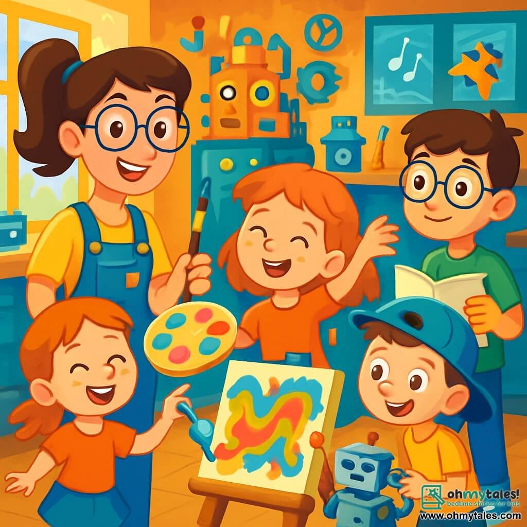 An inventor woman, Ms. Serena Sparks, with brown hair in a ponytail and round glasses, smiles enthusiastically in her workshop. She wears blue overalls adorned with colorful patches and holds a paintbrush in one hand, ready to paint. Next to her, an 8-year-old girl, Emma, with red hair and freckles, joyfully dances while holding a bright paint palette. A 9-year-old boy, Leo, wearing glasses and holding a sketchbook, observes the painting with an amazed smile. Max, a 7-year-old boy with a backward cap, manipulates a small robot that pours paint onto a canvas. The workshop is filled with colorful machines, shiny metal parts, and drawings hanging on the walls. Rays of light filter through the windows, illuminating shelves loaded with gadgets. The scene depicts the invention of a painting machine that reacts to music, with vibrant colors blending on the canvas, creating a joyful and dynamic artwork.