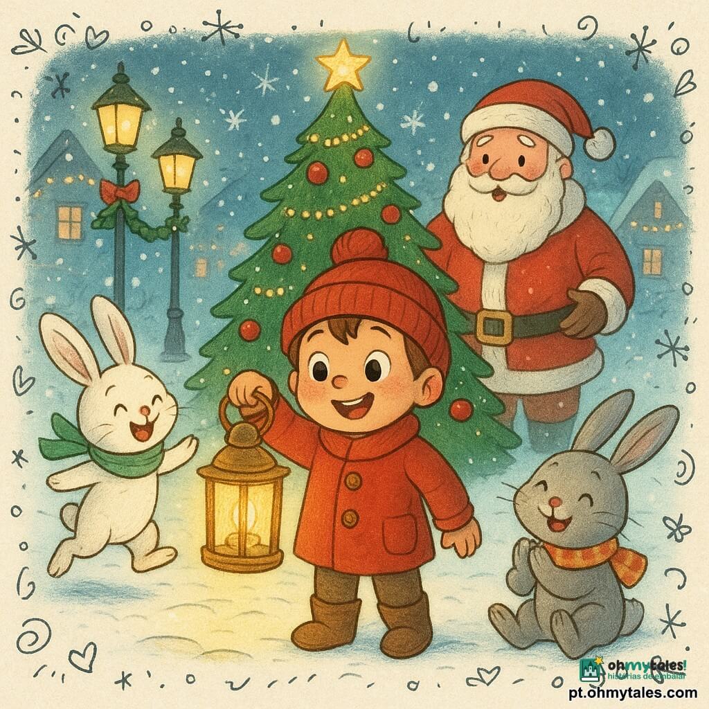 Um menino de 4 anos, olhos brilhantes e sorriso maravilhado, segura uma lanterna dourada que lança luz quente; veste casaco vermelho com botões, gorro de lã com pompom e botinhas de couro, em primeiro plano. À esquerda, Ana, uma coelha pequena e branca com lenço verde, pula feliz olhando a lanterna; à direita, Pedro, um coelho pequeno e cinza com cachecol listrado, sentado na neve aplaude; ambos perto do menino. O Papai Noel, idoso e rechonchudo, de barba branca e casaco vermelho com pele, está atrás do grupo próximo à árvore, com as mãos abertas e sorriso afetuoso. Cena: praça de vila coberta de neve com paralelepípedos visíveis, postes decorados, casas com telhados nevados e luzes; ao centro, grande pinheiro de Natal verde com bolas vermelhas, guirlandas douradas e estrela no topo; flocos caem suavemente. Ação principal: o menino ilumina a noite com a lanterna para guiar o Papai Noel até a árvore, a luz dourada refletindo na neve, criando atmosfera aconchegante e mágica. Estilo: cores quentes contra tons frios, texturas suaves, traços limpos e detalhes infantis com pequenos doodles (estrelas, flocos, corações) ao redor.