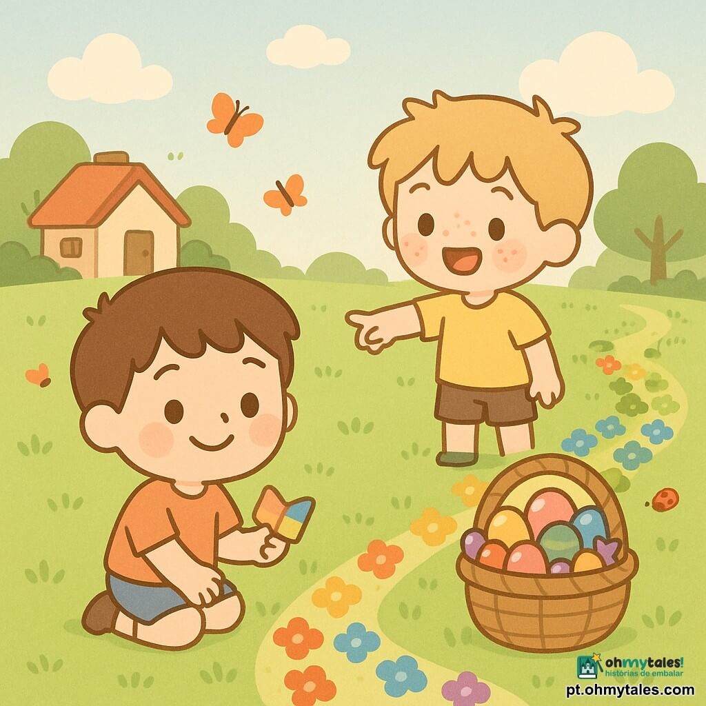 Dois meninos de 6 anos: Lucas, cabelo castanho curto, rosto redondo e bochechas rosadas, ajoelhado em primeiro plano segurando um papel colorido e sorrindo; João, cabelo loiro bagunçado e sardas, em pé atrás apontando a trilha de flores; em uma clareira de jardim com relva verde e árvores ao fundo, uma trilha de flores em arco-íris (vermelho, laranja, amarelo, verde, azul, violeta) conduz a uma grande cesta de Páscoa no centro cheia de ovos coloridos e bombons, borboletas e joaninhas voando, luz dourada da manhã, atmosfera calorosa, formas arredondadas e cores suaves.