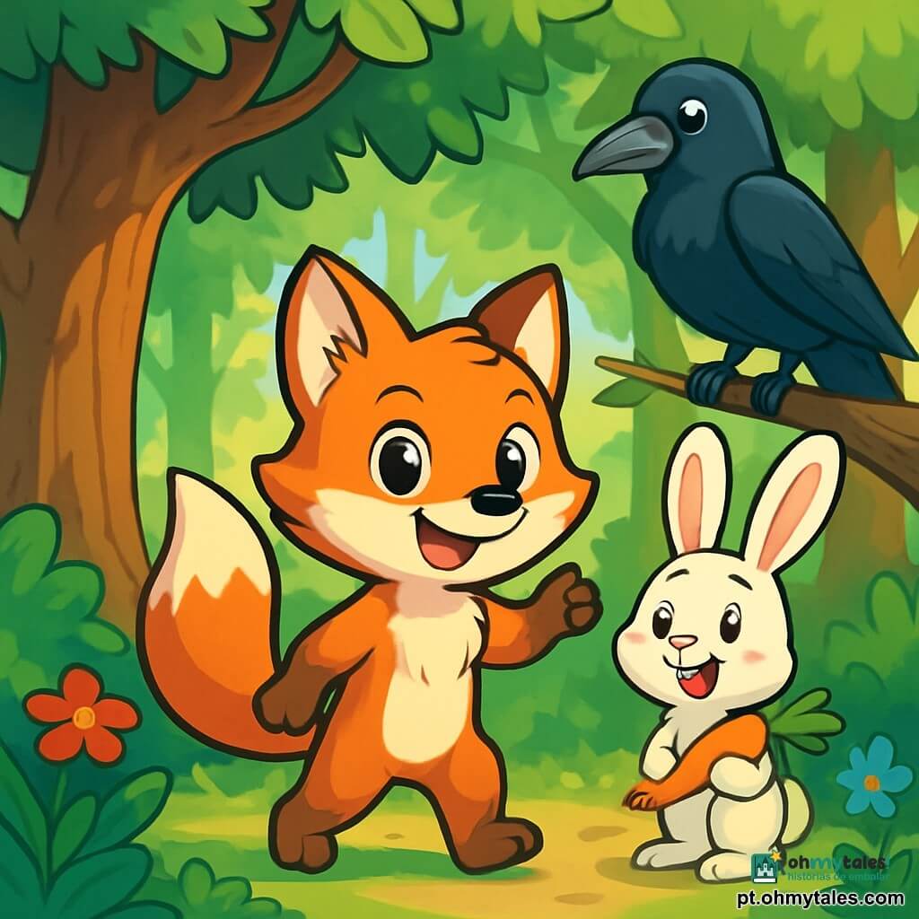 Em uma floresta encantada, um pequeno raposo de pelos ruivos brilhantes e olhos curiosos, chamado Rafi, está no centro da cena. Ele tem uma expressão determinada e alegre, levantando uma pata como se estivesse convidando os outros a segui-lo. Ao lado dele, um coelhinho travesso de grandes orelhas brancas, chamado Luca, sorri entusiasticamente, segurando uma cenoura com as patas dianteiras. Ele está um pouco atrás, pronto para pular à frente para ajudar seu amigo. Ao fundo, uma grande e majestosa corvo de penas pretas brilhantes pousa em um galho, observando a cena com um olhar sábio e benevolente. A floresta é exuberante, cheia de árvores de troncos grossos e folhas verdes vibrantes, enquanto flores coloridas pontilham o chão. A luz do sol filtra-se através dos galhos, criando um jogo de sombras na clareira. A situação principal mostra Rafi e Luca reunindo os outros animais da floresta para discutir paz e cooperação, com rostos sorridentes e gestos amigáveis, ilustrando a ideia de solidariedade e harmonia na natureza.