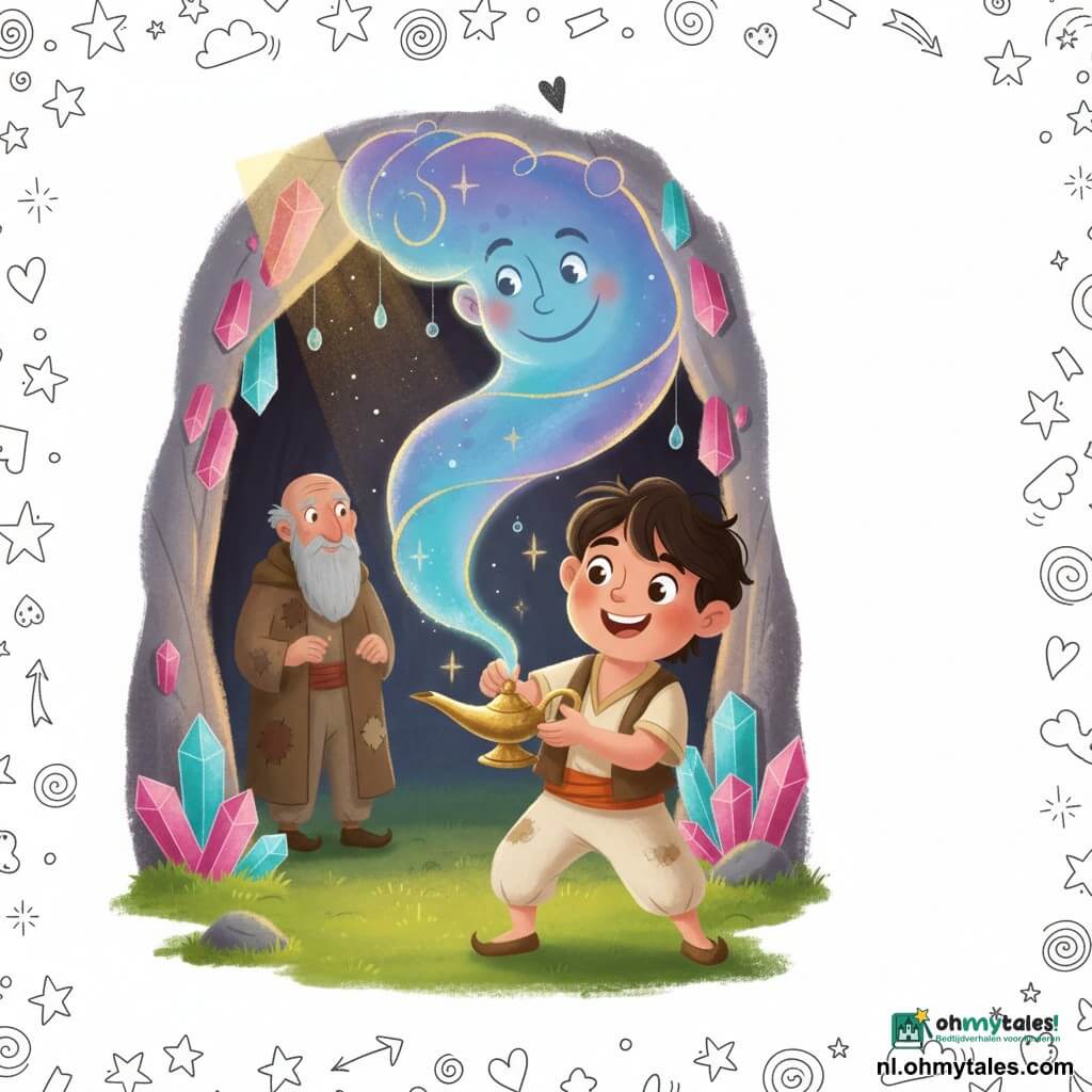 Aladdin, jongen van ca. 14–16 jaar, rond gezicht, donker warrig haar, eenvoudige zandkleurige kleren, houdt een oude lamp vast en wrijft ermee, verwonderde glimlach, heldere ogen, enthousiaste houding; de geest is een niet-menselijke grote wervel van blauw-paarse rook met gouden lichtcontouren en een welwillende glimlach, draait als een spiraal uit de lamp boven Aladdin; een oude man bij de grotopening op de achtergrond, ca. 70 jaar, lange grijze baard, versleten mantel, medeplichtige blik, licht in de schaduw links van Aladdin; de grot is klein en magisch met wanden bedekt door roze en turquoise fonkelende kristallen, mos op de grond, gouden lichtstralen door een scheur in het plafond en parelachtige waterdruppels; hoofdscène: magisch ontdekkingmoment — Aladdin wrijft de lamp en de geest verschijnt in een lichte spiraal, warme feeërieke sfeer, levendige kleuren, zachte contrasten, compositie gecentreerd op Aladdin en de lamp, vrije ruimte voor tekst rechtsboven.