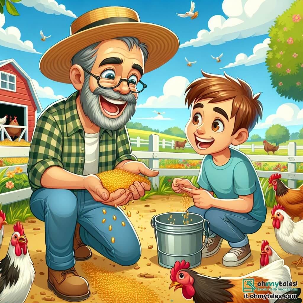Un uomo di cinquant'anni, di nome Giovanni, sorridente e caloroso, con un cappello di paglia e una camicia a quadri, sta dando da mangiare a delle galline in un recinto colorato. Le sue mani sono piene di semi e ha uno sguardo gioioso, che mostra il suo amore per gli animali. Accanto a lui, un ragazzo di dieci anni, di nome Luca, con i capelli castani spettinati e una maglietta blu, osserva con meraviglia le galline beccare il terreno. Tiene un piccolo secchio vuoto ed è pronto ad aiutare il suo nuovo amico. La scena si svolge in una graziosa fattoria, circondata da campi verdi, con alberi fioriti e un cielo blu punteggiato di nuvole bianche. Sullo sfondo si vede un fienile rosso e delle mucche che pascolano tranquillamente. Giovanni e Luca stanno nutrendo le galline, ridendo e divertendosi insieme, creando un momento di complicità e gioia nella vita della fattoria.