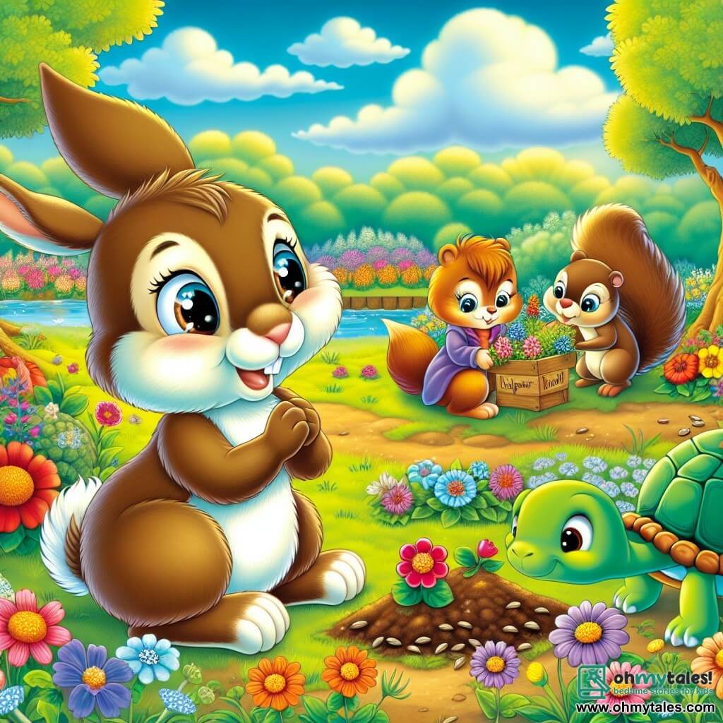 An illustration depicts a young male rabbit with soft brown fur and sparkling curious eyes, joyfully hopping in a colorful garden surrounded by bright flowers, with a big smile on his face, showing his enthusiasm for nature. Nearby, a wise female turtle with a green shell and kind eyes watches the rabbit with a proud smile, sitting quietly on the grass, holding a small wooden sign that says "Help our forest bloom!" A female squirrel with a bushy tail and bright eyes climbs a nearby tree, holding seeds in her small paws, ready to plant them in the garden. The main setting is a lush garden bathed in golden light, where flowers of all colors bloom under a clear blue sky, with green trees in the background and a sparkling stream winding through the landscape. The main scene shows the young rabbit and his friends working together to plant flowers and clean their environment, symbolizing their commitment to protecting nature and fighting climate change. Additional graphic elements include colorful butterflies flying around the flowers, birds singing in the trees, and a wooden sign with animal drawings and messages about environmental protection, creating a joyful and engaging atmosphere.