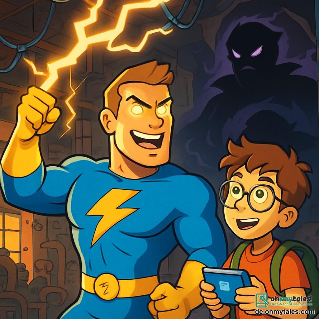 Ein muskulöser Mann namens Blitzmann steht im Mittelpunkt der Szene, gekleidet in einem leuchtend blauen Anzug mit gelben Blitzen. Sein Gesicht strahlt Entschlossenheit und Mut aus, seine Augen funkeln vor elektrischer Energie, während er sich darauf vorbereitet, einen mächtigen Blitz zu schleudern. An seiner Seite beobachtet sein Freund Max, ein 12-jähriger Junge mit zerzausten braunen Haaren und einer Brille, bewundernd und hält ein glänzendes technisches Gerät in seinen Händen. Sie befinden sich in einer alten, verlassenen Fabrik, wo rostige Maschinen und knisternde elektrische Drähte um sie herum sind, während bedrohliche Schatten an den Wänden tanzen. Die Hauptsituation zeigt Blitzmann, der sich darauf vorbereitet, den bösen Dr. Schatten zu konfrontieren, der eine dunkle und bedrohliche Aura ausstrahlt und bereit ist, seine Dunkelheitskraft freizusetzen.